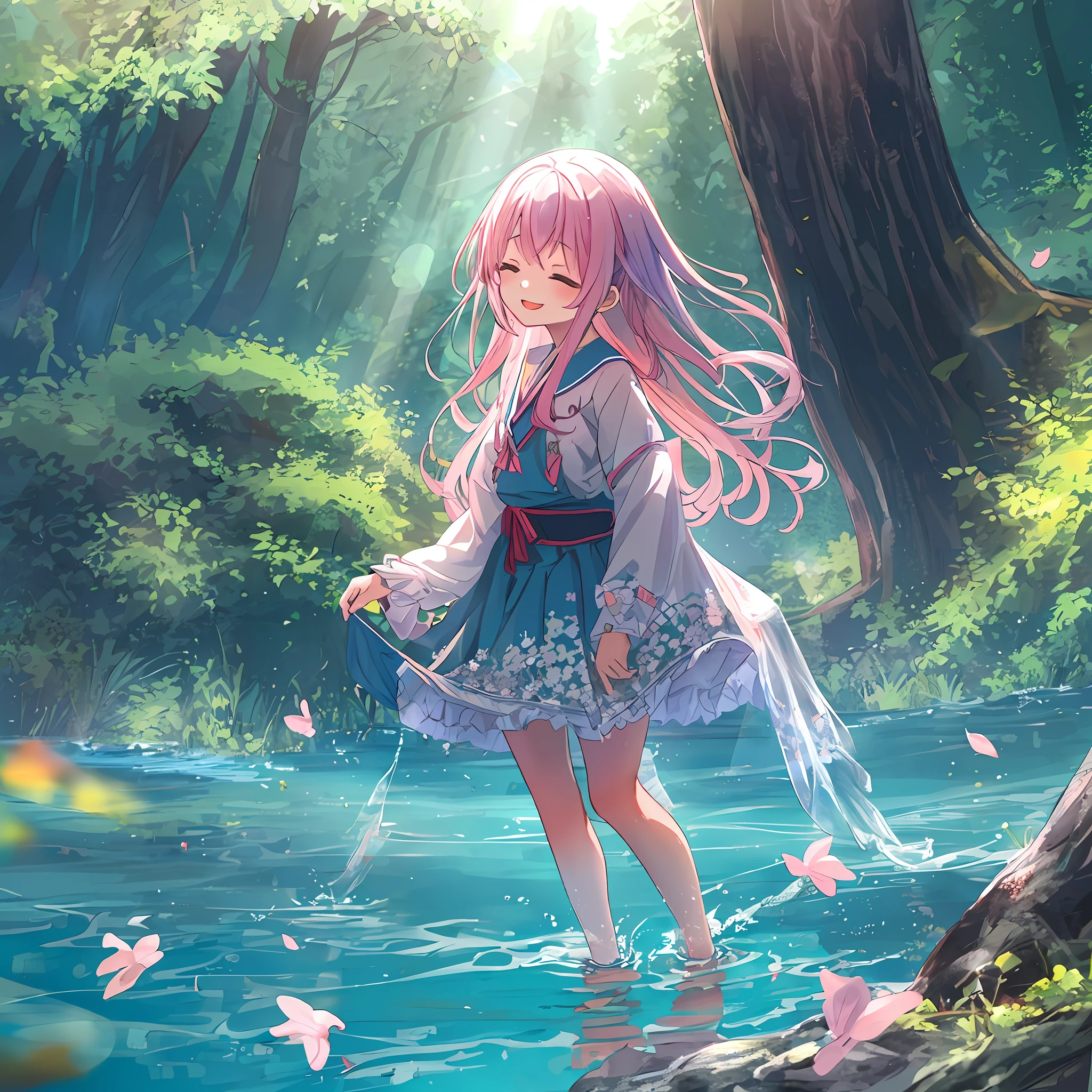 absurderes, hight resolution, (Anime style:1.1), ((masutepiece)), ((Best Quality)), (Ultra-detailed), (Beautiful), 独奏, Beautiful face、(liftup),12year old、Cute *********** standing kneeling in the water of a beautiful lake deep in the forest,Wind,Pink colorful hair, Colorful eyes,Cute summer casual clothes,Blue sky,Closed eyes,Looking at Viewer,Lens Flare,Dramatic, Coastal、(Lifted skirt:1.3)、A smile、I'm surprised that the water is cold