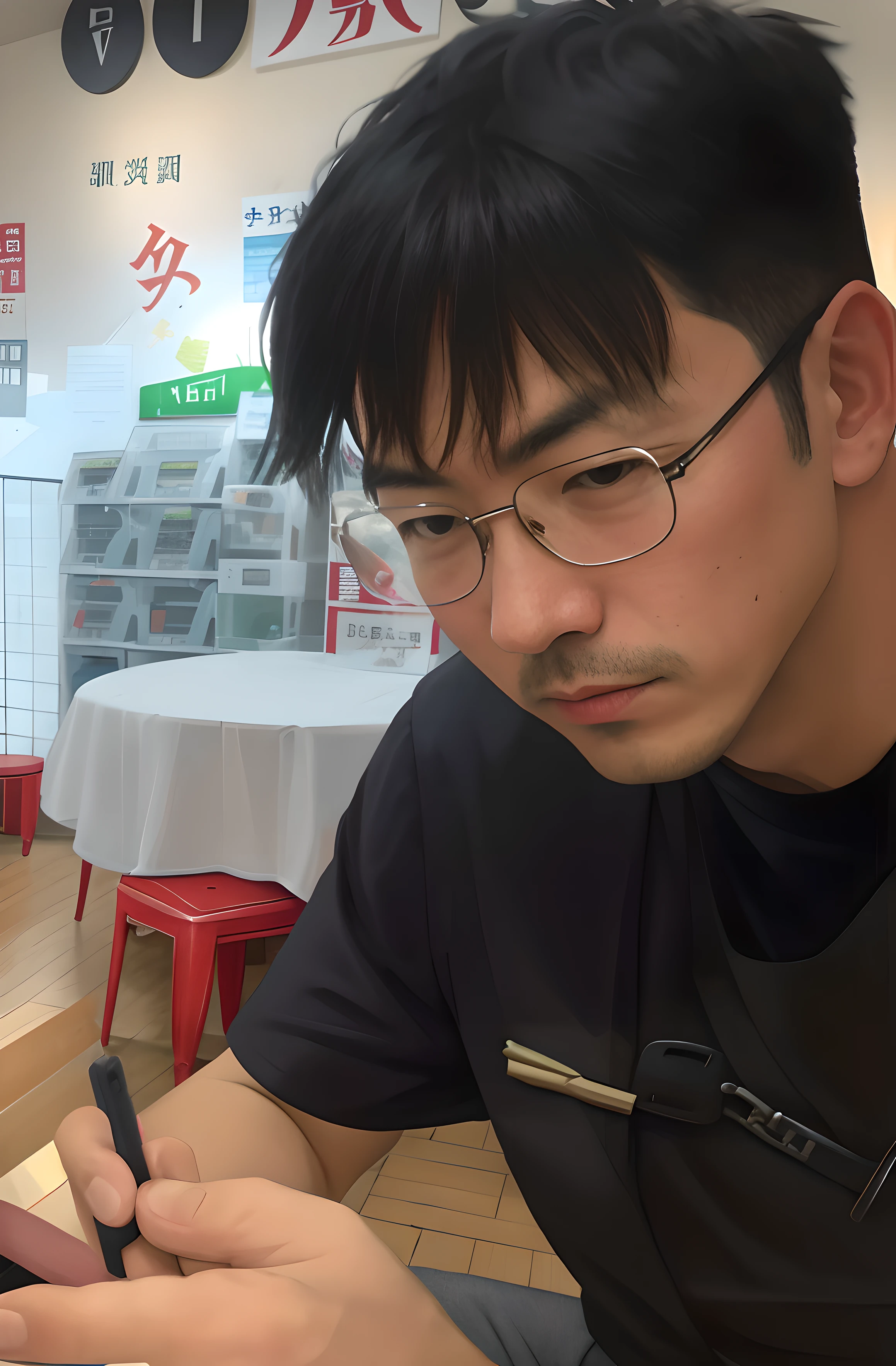 a man sitting at a table,Mafia dress,The expression was serious and grim,There is a picture behind him,It says Liu Jinke,The man holds a gun in his hand,There was a man lying on the ground