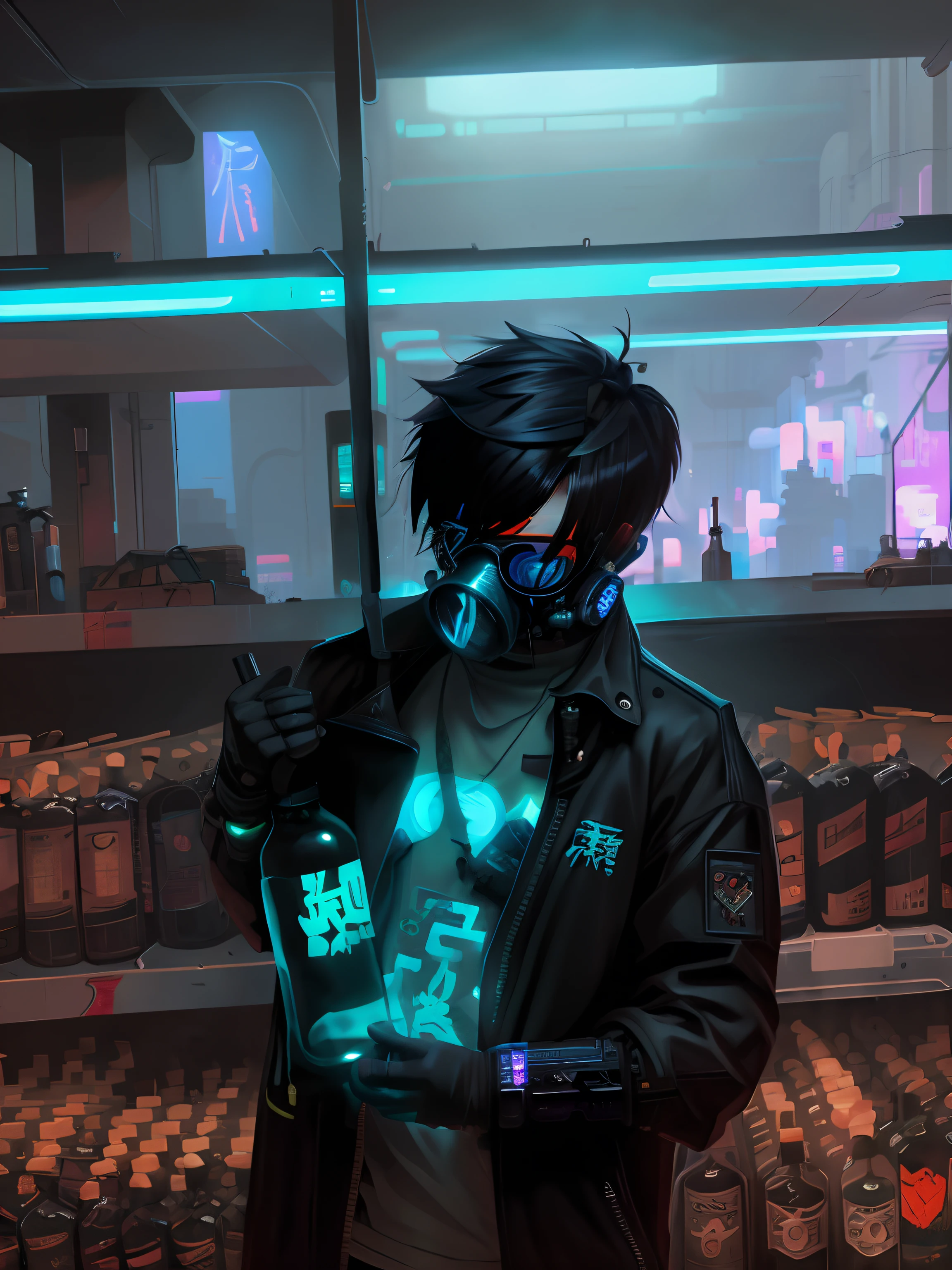 there is a man in a gas mask holding a bottle, cyberpunk art style, digital cyberpunk anime art, cyberpunk dude, cyberpunk vibe, cyberpunk streetwear, cyberpunk themed art, in cyberpunk style, cyberpunk artstyle, dark cyberpunk illustration, has cyberpunk style, anime cyberpunk art, digital cyberpunk - anime art, artwork in the style of guweiz, cyberpunk anime art