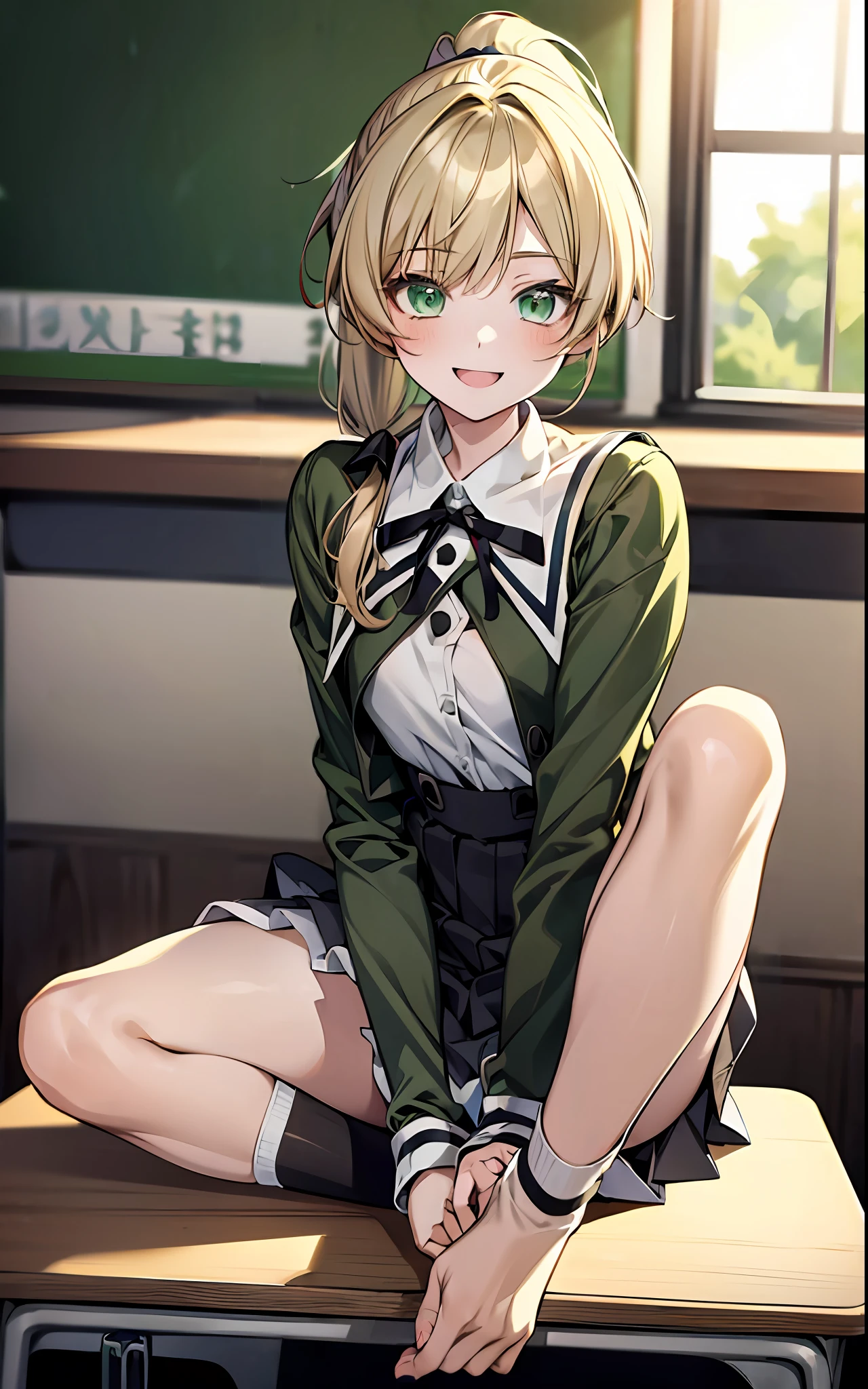 solo, (((anime girl with dark blonde hair in a short ponytail))), (light green eyes), ((tomboy)), (smile), ((flat chest)), school uniform, skirt, ((classroom in background)), ((high quality)), (extremely detailed)