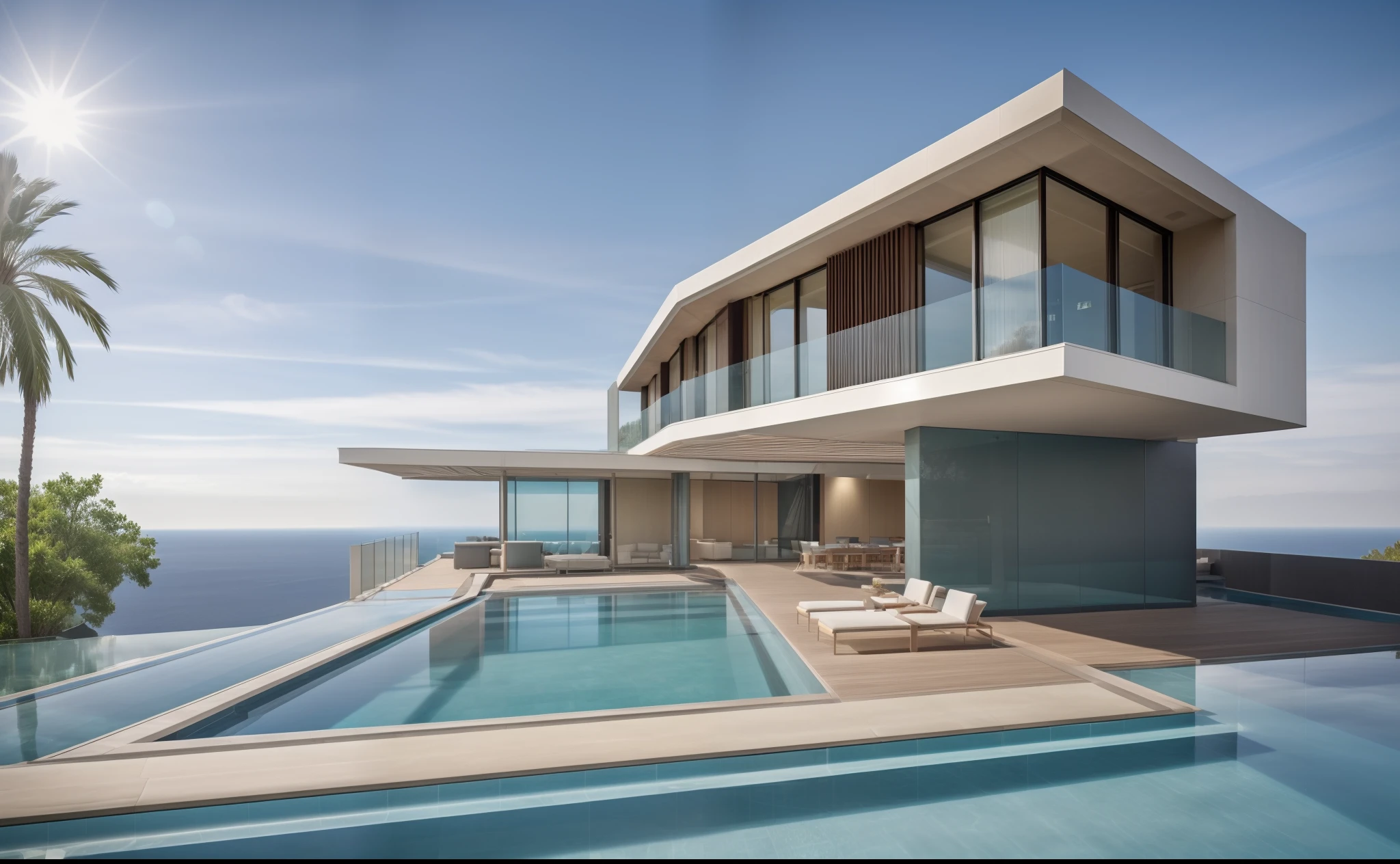 (masterpiece),(high quality), best quality, real,(realistic),( sun light:1.2), 1 pool blue clear sky:1.4, day light:1.2, super detailed, (full detail),(4k), 8k, architecture , villa pool, cloud, day, east asian architecture, ((light and shadow from canopy:1.3)), no humans, outdoors , sky, white light, tree and some flower:1.3,