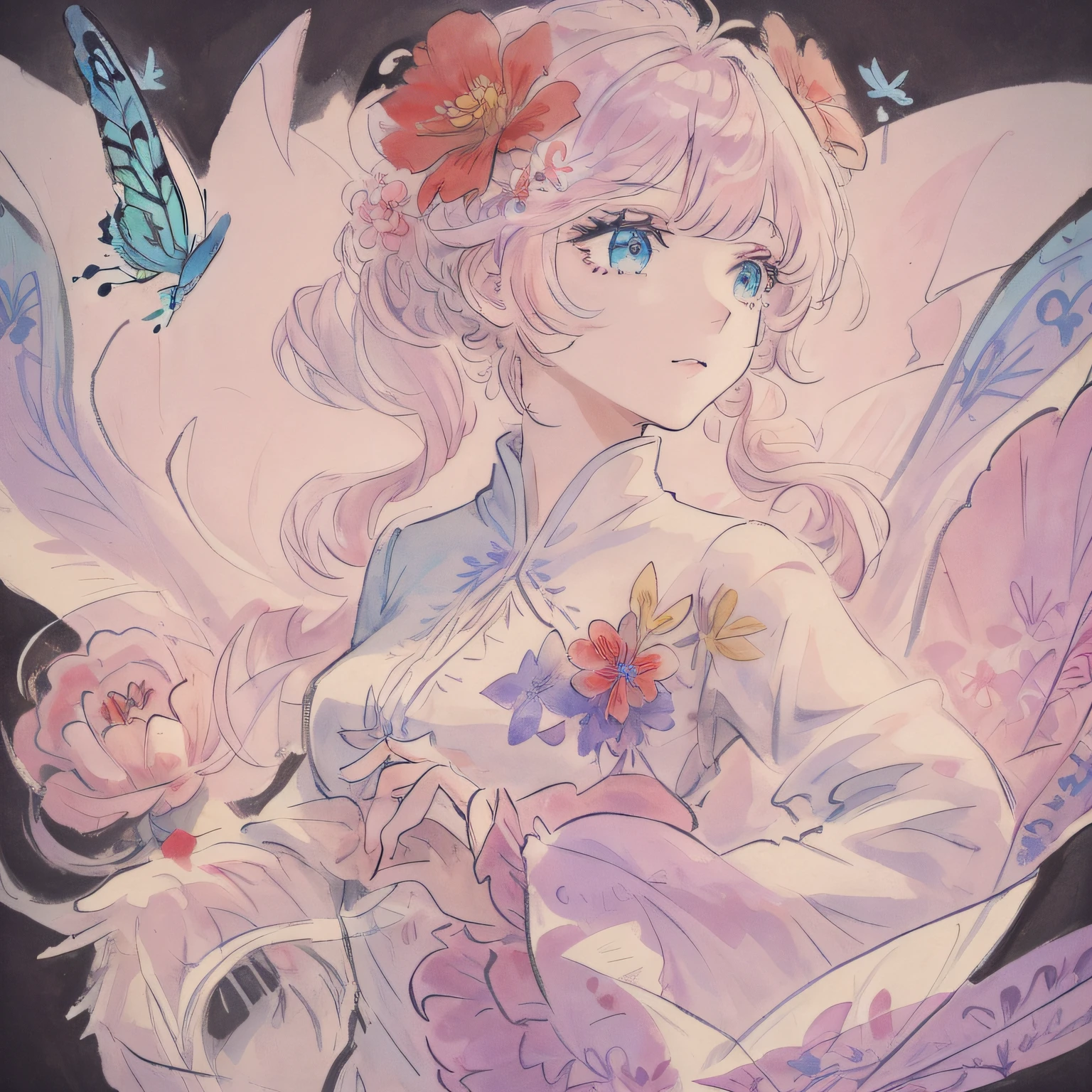 beautiful detailed flower, beautiful detailed eyes,hyper detailed,flower,hyper quality,,eyes,flower and hair is same color,beautifuly color,face,{{{{{her hair is becoming flower, flower,hair,flower,butterfly,}}}}},{{{{1girl}}}}kawaii,,{{{high details, high quality}}},{{{back light}}},{{hair and clothes is flower}},{{{upper body}}} ,high quality,hair with body ,webbed dress, upper body, flower leg, flower hands,body with flower, {{ flower with clothes}} , dress with flower, , light particles,black background, {{{{Hair with flower}}}},small breast with flower,big hair with flower,{{floating hair with flower,floating}}1girl,small breast, marbling with hair and clothes, looking at viewer,{{original}},{{arm down}}, {{paper cutting}}, black background, flower forground, {{hair with flower}},{{{{{highres}}}},} hair with flower,hair with flower ,hair, wavy hair ,diffusion lighting, abstract,Butterfly with body, flower with hair, her hair is flower,big top sleeves, floating