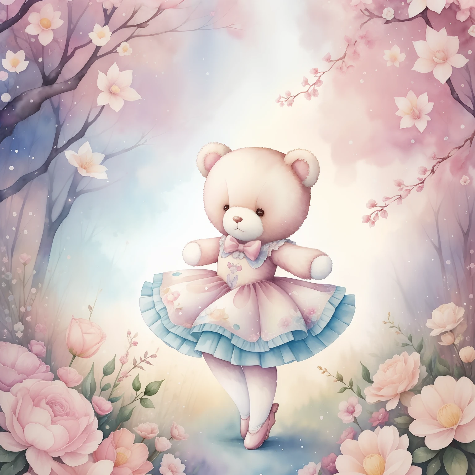 A watercolor painting of a "kawaii" ballet teddy bear. It's dancing in an enchanted garden (by Anna Dittmann), with vectorized details for a charming finish.
