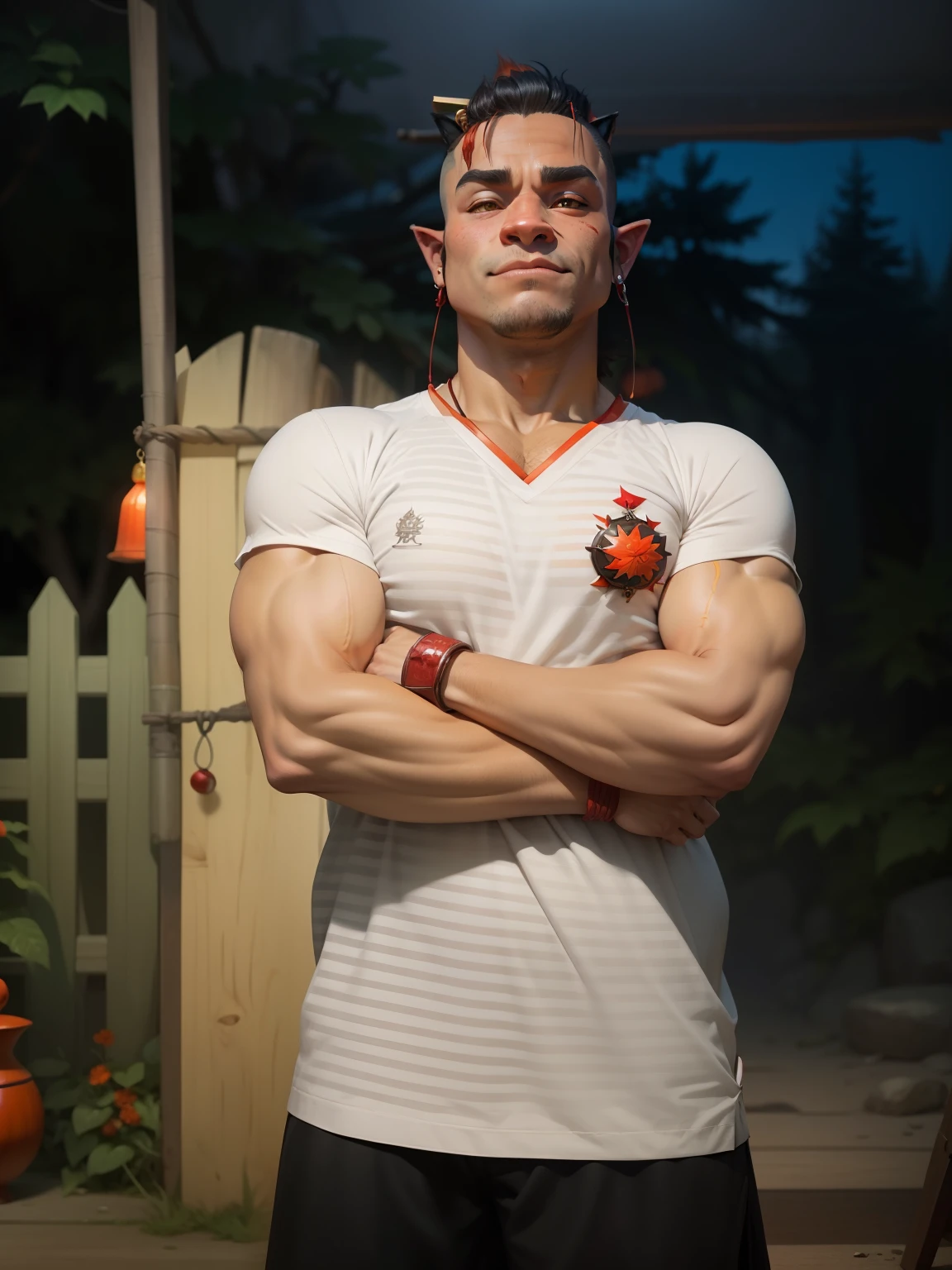 A fluffy fox orc,A red cord bell is worn in one ear,He wears a maple leaf hairpin on one side of his head,One ear is orange,The other ear is yellow,He is wearing a red Hanfu
