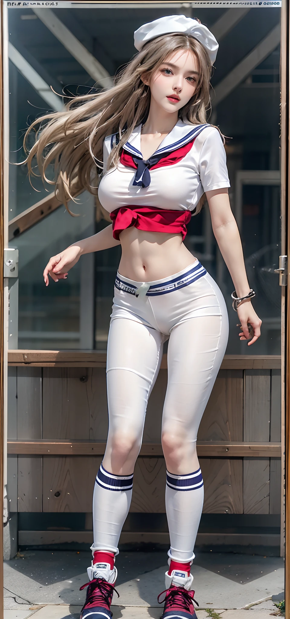 Photorealistic, high resolution, 1 Women, Solo, Beautiful eyes, view the viewer, Close lips, Detailed face,,long whitr hair, Big breasts Thin waist,long leges,Raised sexy,The kinky is exposed,Sailor's cap,Big high school girl(Wearing:Sailor uniform,white panties,athletic sneakers)fully body photo,frontage