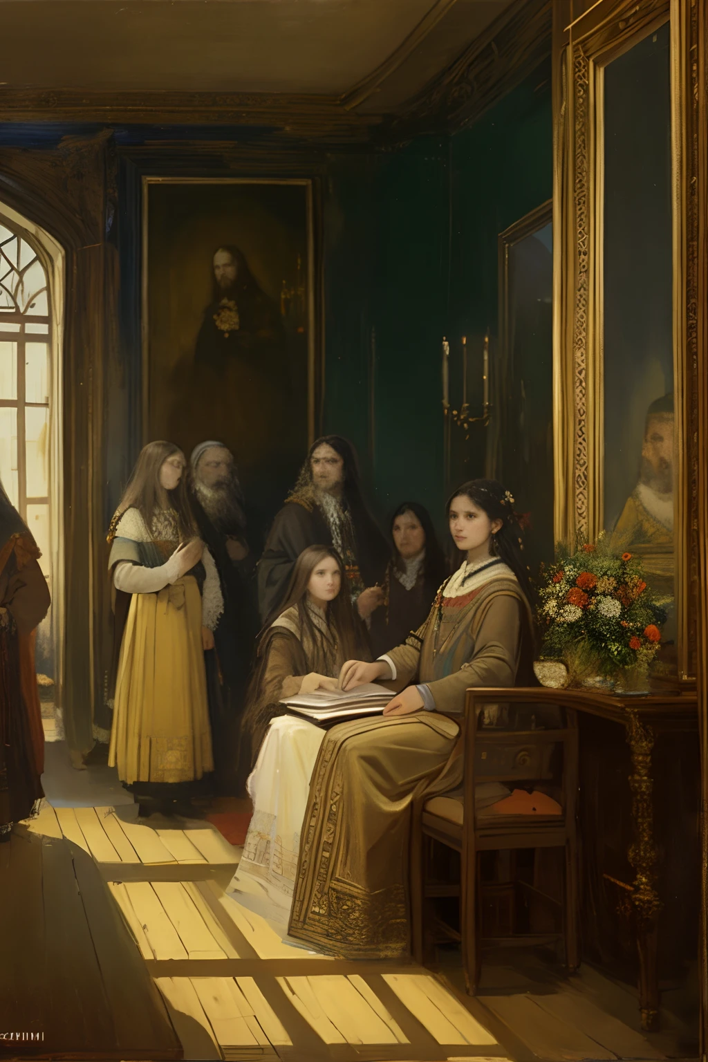 Paintings of a group of people in a room, author:Fyodor Rokotov, slav epic, cgsociety gustav klimt frame, author:Koloman Sokol, author:Pavel Fedotov, author:Alexander Ivanovich Laktionov, author:Fyodor Slavyansky, author:Mikhail Yevstafyev, author:Alexander Ivanov