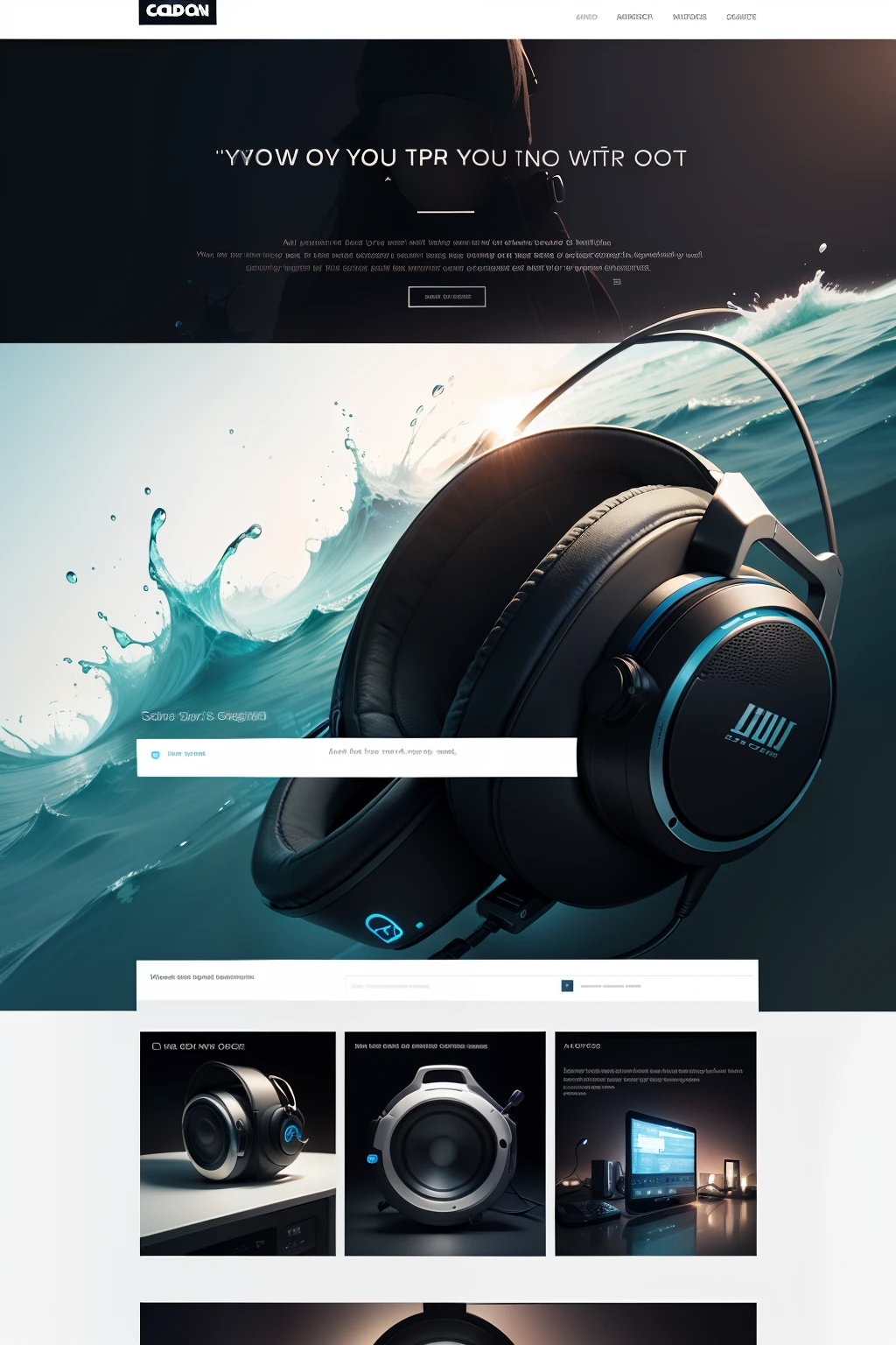 Design a static product web image，The product is audio，The page contains banner images of audio products，Style display of products，Company Introduction，The page has a strong sense of technology