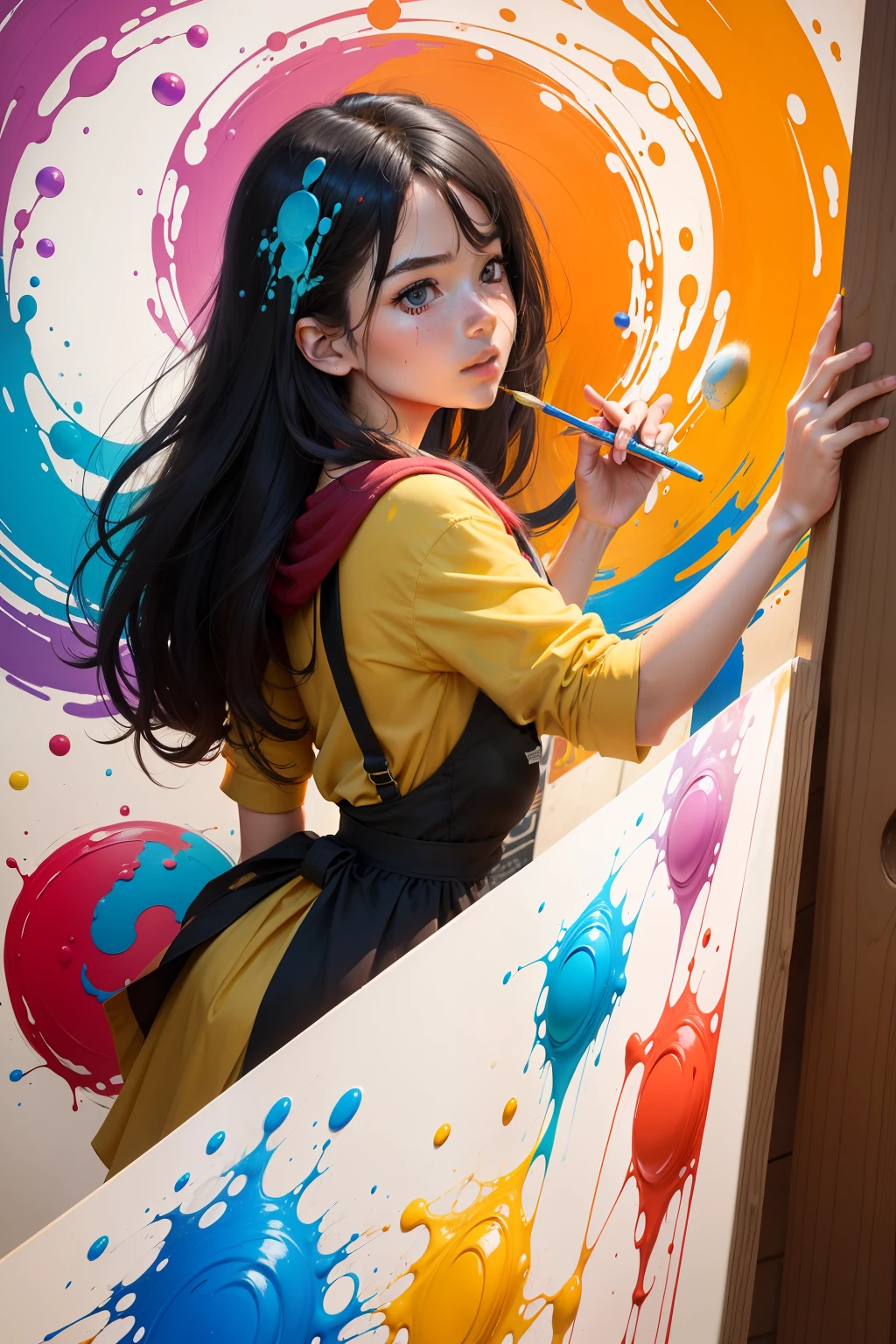 Person painting: In the center of the poster, there is an image of a person focusing on painting with a framed brush in front, full body. This person is a female student who wants to exercise the spirit of creativity.
Colorful paintings: Paintings created by painters contain fresh and diverse colors. This can realize the unlimited idea that Mentos brings.
Floating Mentos Particles: Around the person and the picture, there are Mentos candies floating around. These beads can have similar colors to paintings, creating an interesting color effect.