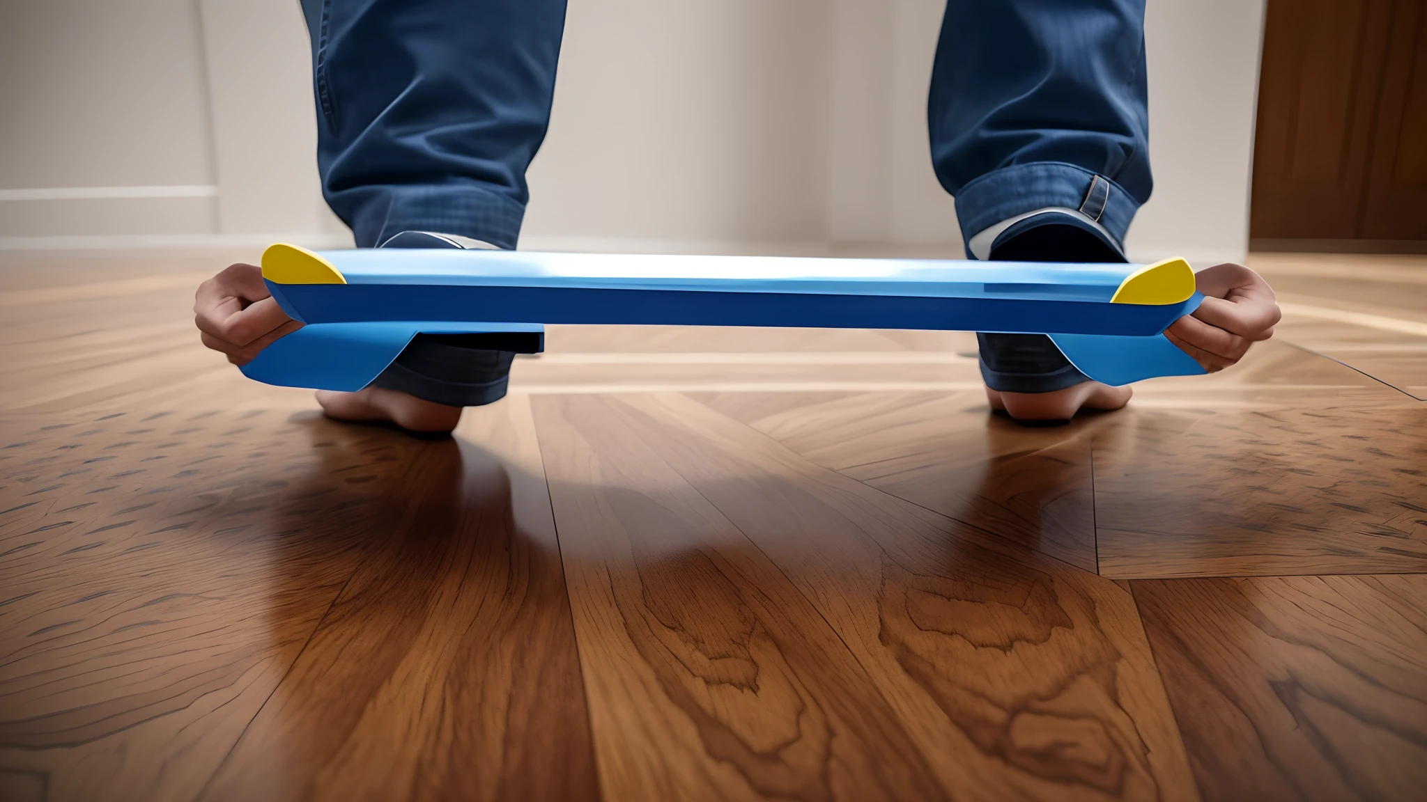 Someone is holding a blue object in their hands on a floor, tiro detalhado pernas-up, linhas azuis grossas, the forefoot to make a v gesture, Pisando, standing on a desk, focus on his foot, clipe estendido, bending of the pitch, close-up nas pernas, deitado com os pulsos juntos, tiro na perna e no quadril, 8 feet from the camera