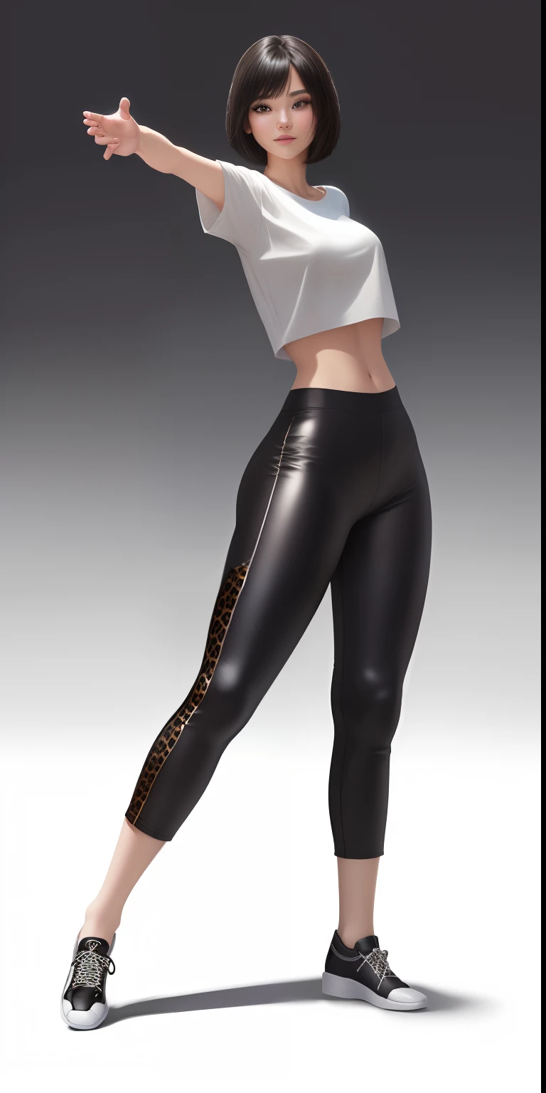 girl with、Black Jaguar Pants、white t-shirts、beautiful countenance、Bob Hair, (((Simple background :1.3))), Masterpiace, Best Quality, in 8K, Realistic, Dancing、A smile