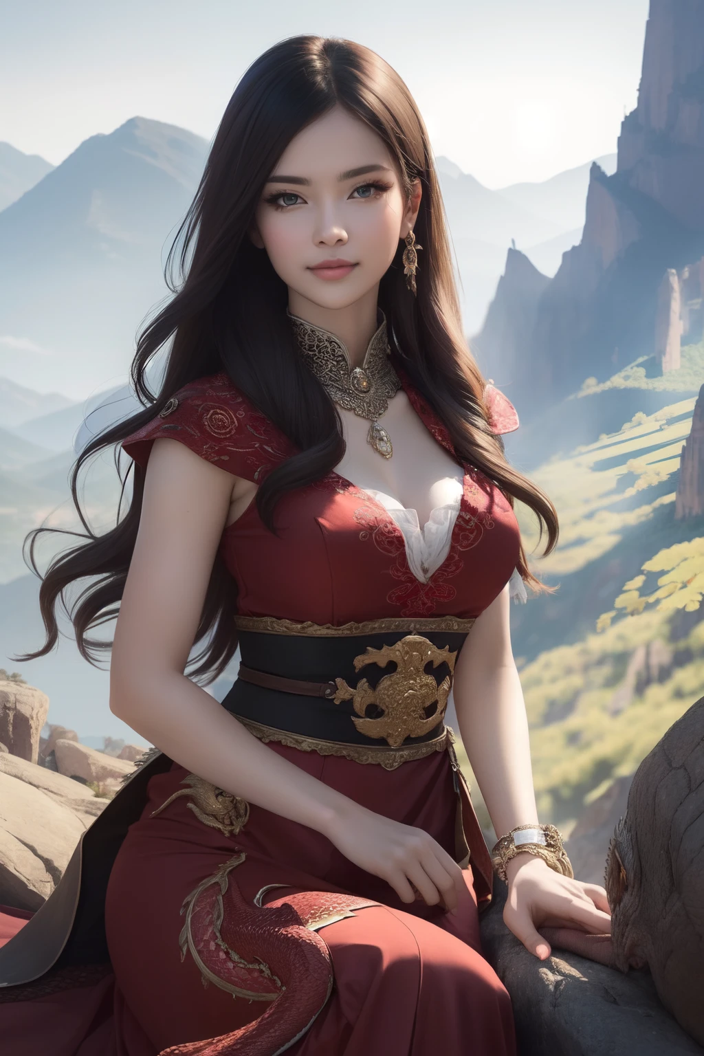 ((top-quality、​masterpiece、photographrealistic:1.4、in 8K))、1 beautiful detailed lady and 1 feathered dragon、extremely detailed eye and face、beatiful detailed eyes、（Makai princess in fantasy style red dress）、Luxury accessories、Elegant smile、（Princess petting a dragon in a rocky mountain）、Beautiful lighting、Textured skin、Super Detail、high detailing、High quality、hight resolution、（looking at the viewers）、mont