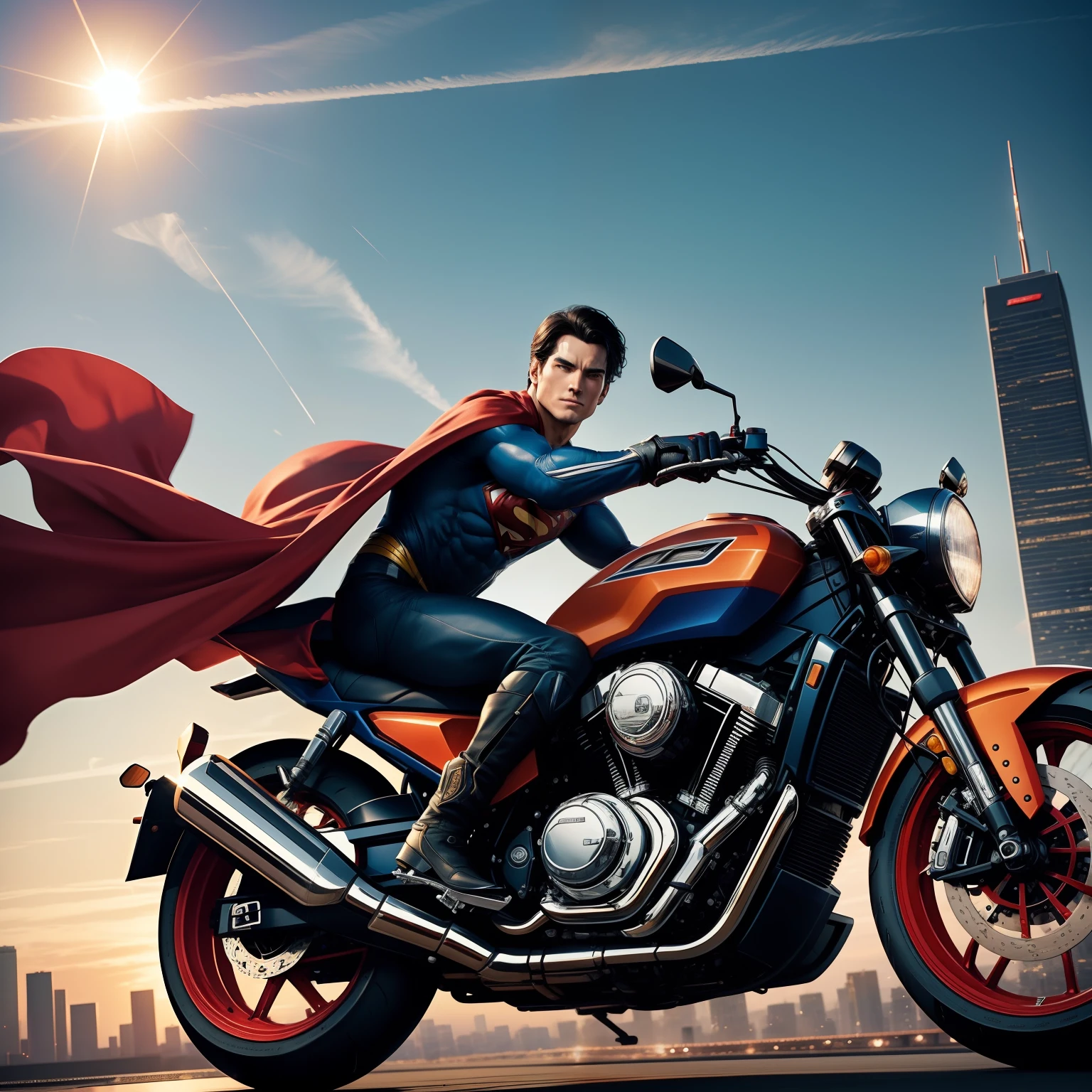 /create prompt:Superman effortlessly riding a state-of-the-art Superman-themed motorcycle through the skies and cityscapes, showcasing his iconic strength and heroism in a unique way. The scene starts with Superman in his classic attire, soaring through the sky before descending to land gracefully on his motorcycle, which is designed with his emblematic red, blue, and yellow colors. As he accelerates, capture the wind blowing through his hair and cape. Utilize sweeping camera angles and breathtaking vistas to create a cinematic and awe-inspiring atmosphere. During his motorcycle ride, Superman performs incredible feats like effortlessly jumping over obstacles and performing mid-air tricks, all while using his heat vision to melt any challenges in his path. He gracefully weaves through skyscrapers, leaving streaks of red and blue light in his wake. As the sun sets, showcase the radiant cityscape and the colorful hues reflecting off the motorcycle's surface.