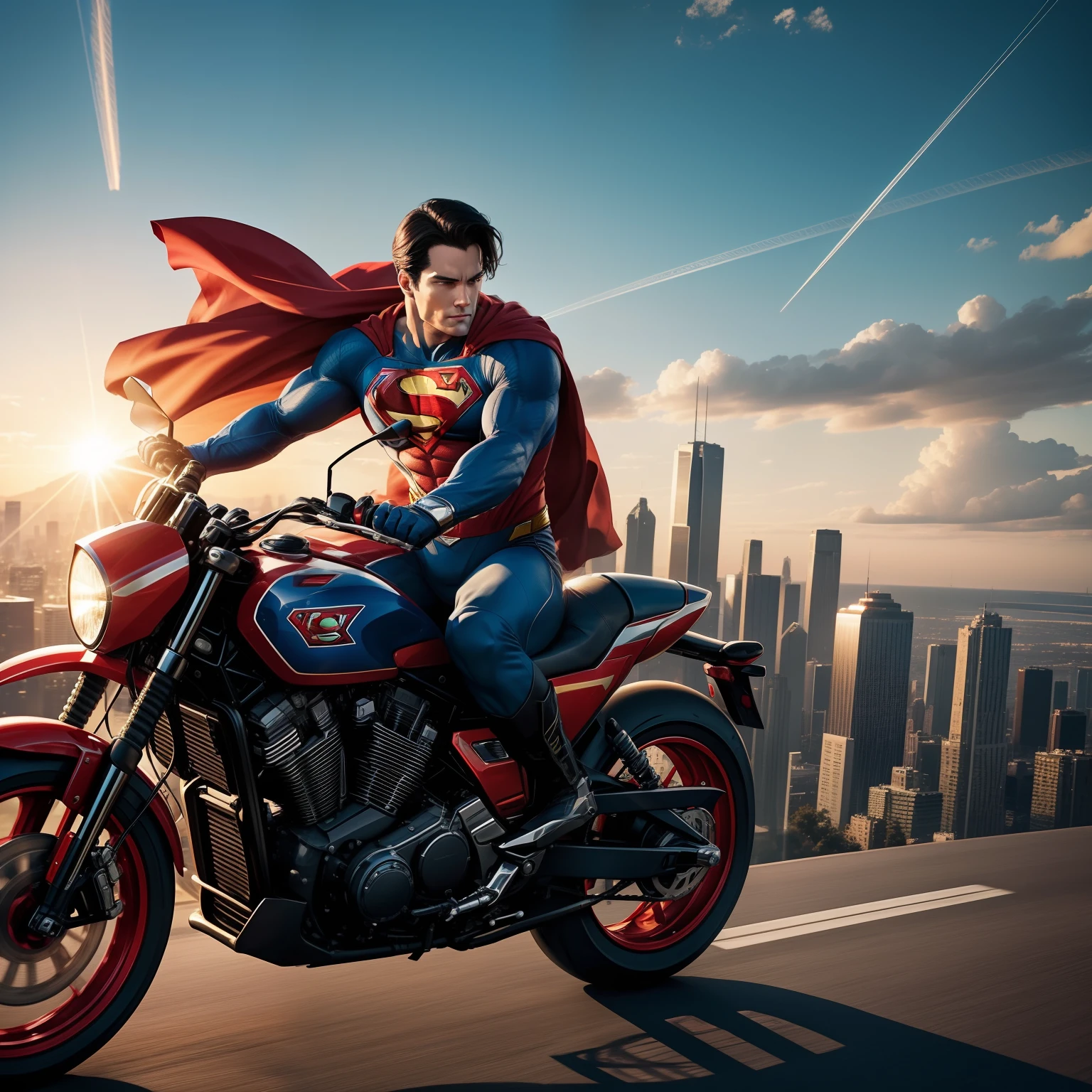 /create prompt:Superman effortlessly riding a state-of-the-art Superman-themed motorcycle through the skies and cityscapes, showcasing his iconic strength and heroism in a unique way. The scene starts with Superman in his classic attire, soaring through the sky before descending to land gracefully on his motorcycle, which is designed with his emblematic red, blue, and yellow colors. As he accelerates, capture the wind blowing through his hair and cape. Utilize sweeping camera angles and breathtaking vistas to create a cinematic and awe-inspiring atmosphere. During his motorcycle ride, Superman performs incredible feats like effortlessly jumping over obstacles and performing mid-air tricks, all while using his heat vision to melt any challenges in his path. He gracefully weaves through skyscrapers, leaving streaks of red and blue light in his wake. As the sun sets, showcase the radiant cityscape and the colorful hues reflecting off the motorcycle's surface.