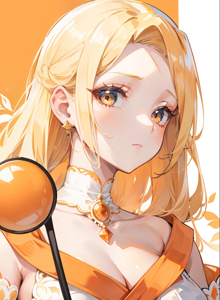 Blonde hair,Orange and white clothes,Exquisite makeup,Delicate and smooth suprathoracic area,Radiant royal sister