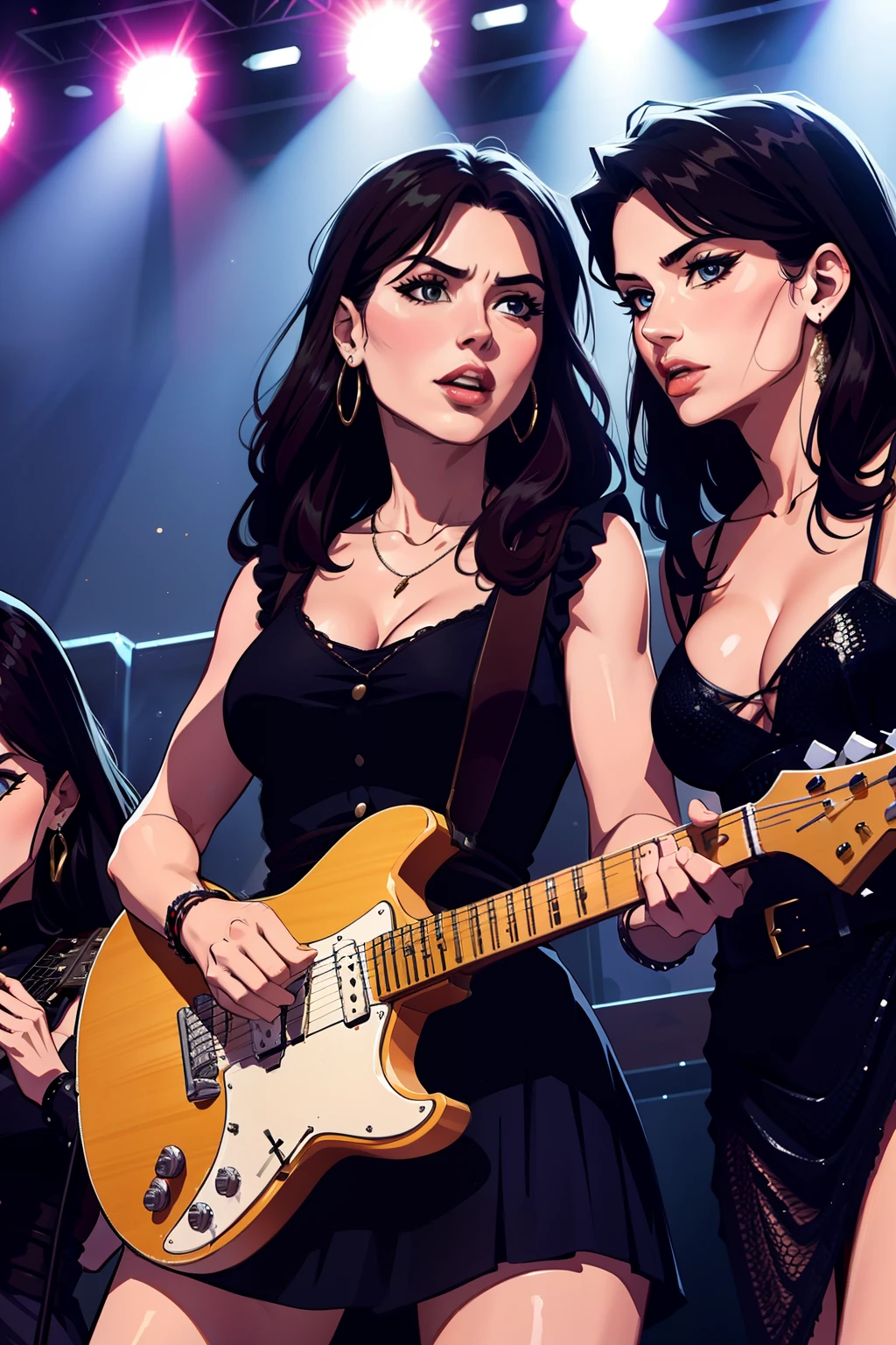 italian mom and her daughters on top of a stage playing hard rock music, hard rock dress