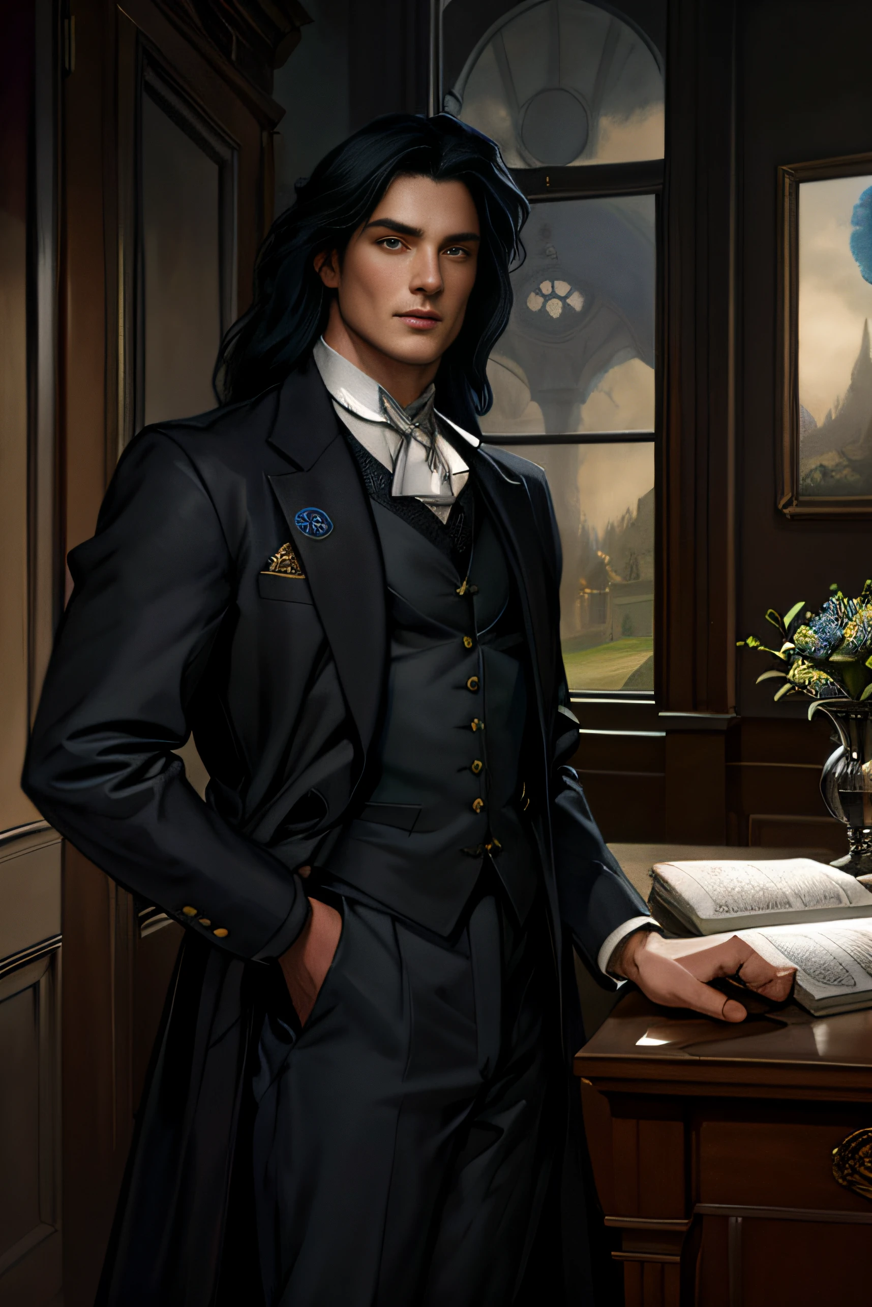 There is a man in a suit with a book in the room, black  hair, castle interior, portrait of fin wildcloak, Tom Bagshaw Donato Giancola, style of charlie bowater, A worthy aristocrat, beautiful androgynous prince, Male artisan, Edmund Blair and Charlie Bauer, detailed character portrait, Portrait of Professor Sinister, casimir art