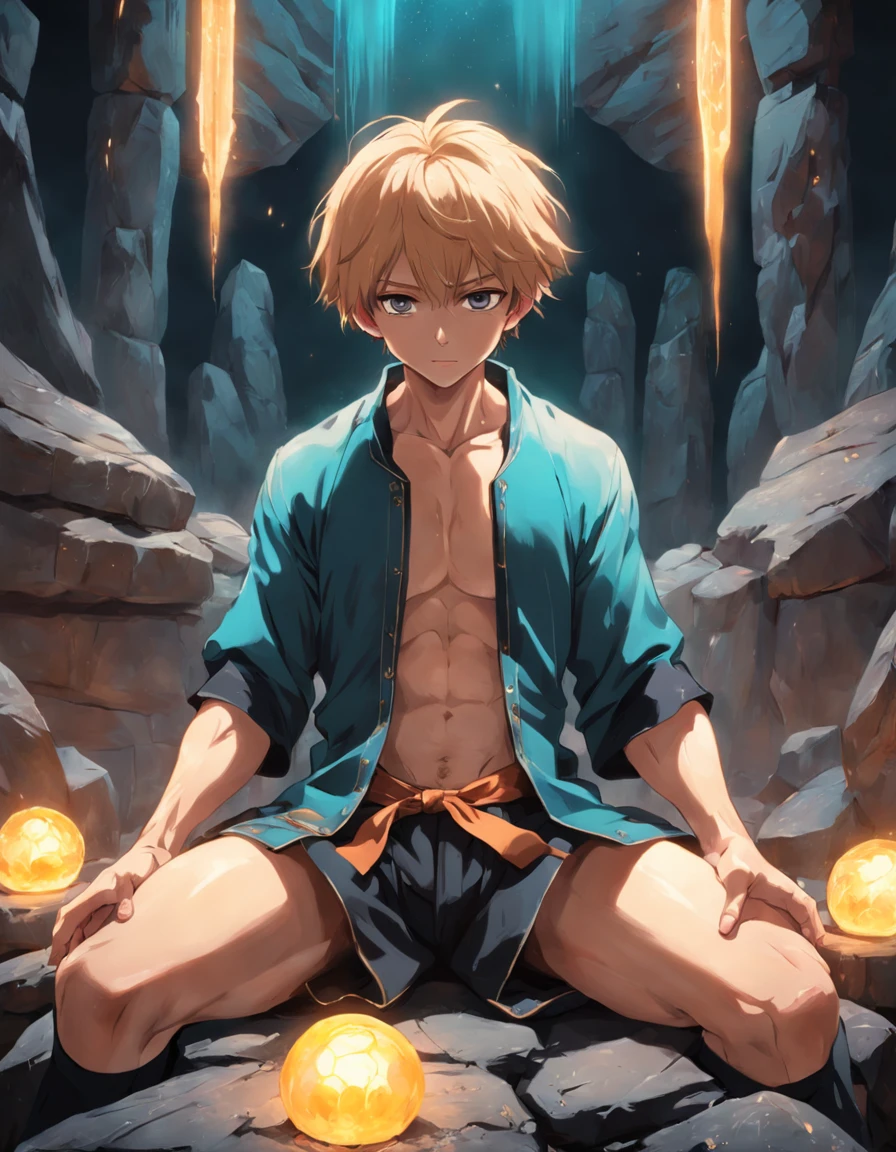 1 man,Hit the workers,Glowing stone in hand,cultivating immortals,crossedlegs,Sitting cross-legged on a cushion Vintage style realistic painting style