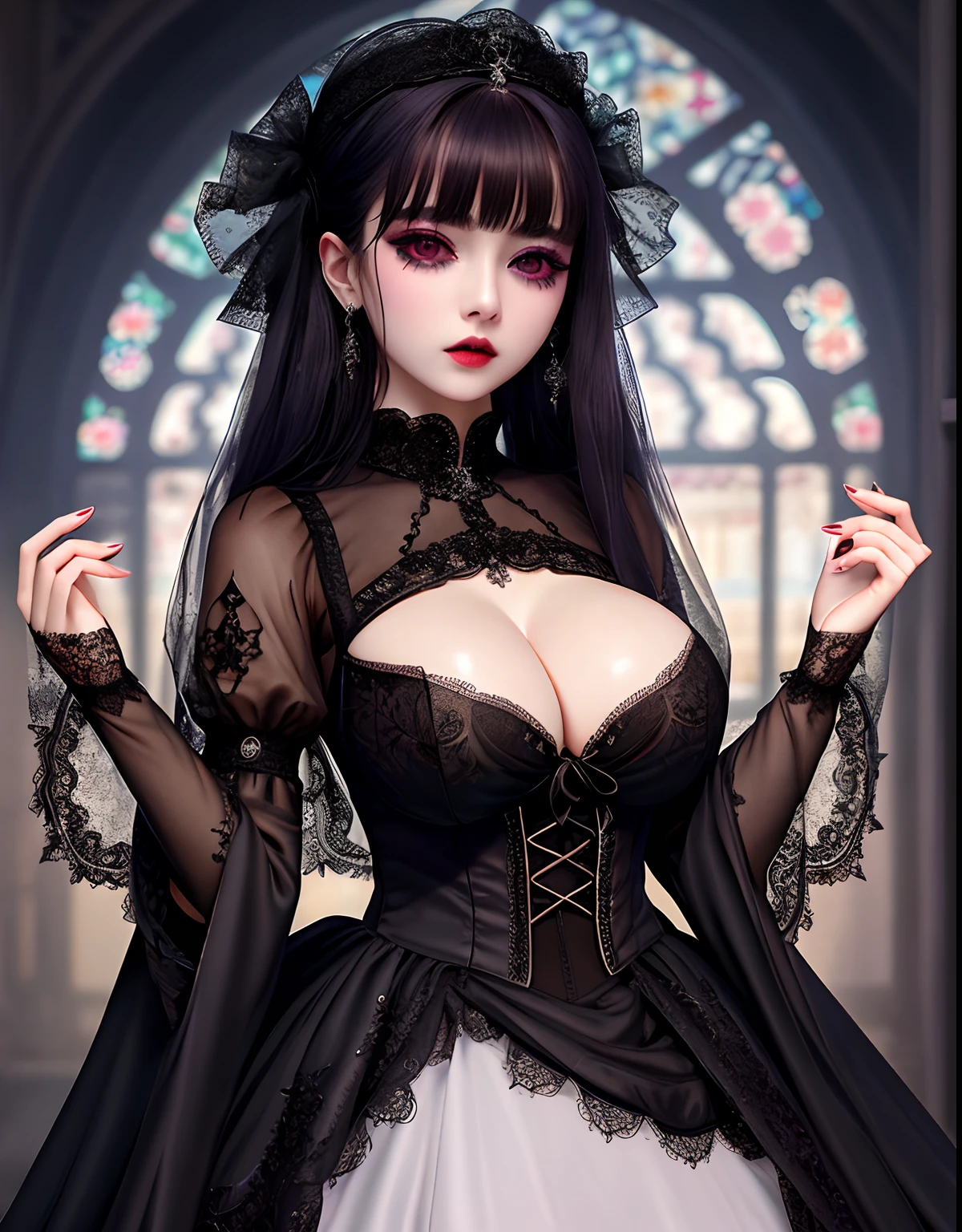 ​masterpiece, absurderes, nffsw, extremely detailed eye and face, GothGal, Woman in Gothic Ball Gown, Runny nose makeup, See-through clothing ,Ren Hao、embroideries、woman wearing a GothGal outfit、shiny pale white skin、large full breasts, Deep cleavage, wearing a ballgown