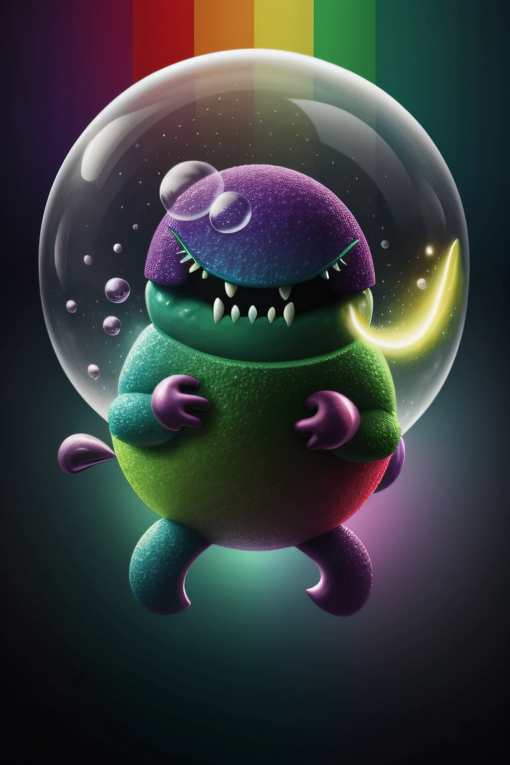 Cute rainbow bubble monster scary, hiperdetalhado, epic fantasy