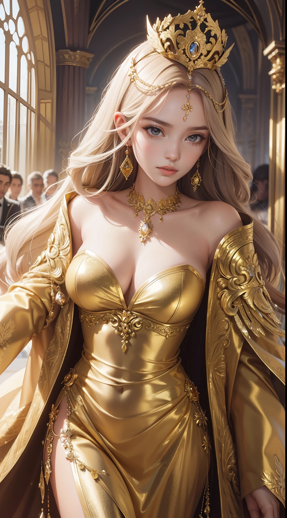 A woman in a golden dress，Baroque Valkyrie，Dreamy realism，glittery，Clothes made of gold and silver thread，Baroque court style