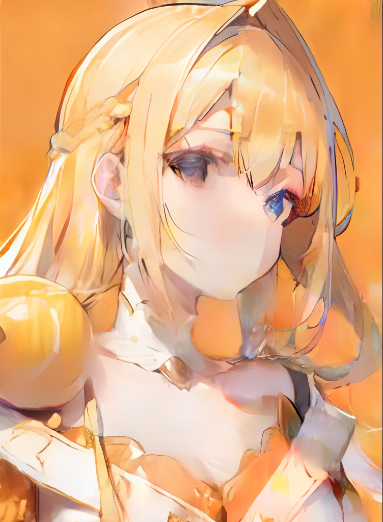 Blonde hair,Orange and white clothes,Exquisite makeup,Delicate and smooth suprathoracic area,Radiant royal sister
