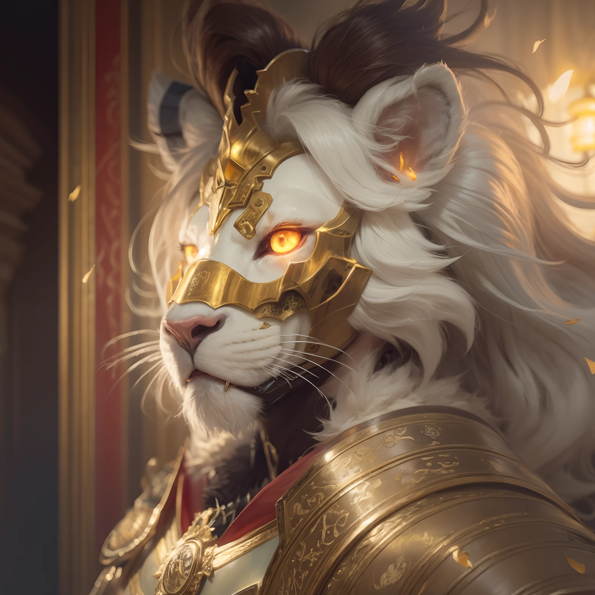 Lion Warriors, Corpo inteiro como,Close-up of the lion warrior holding a spear in the cave ,detalhes ultra realistas, ajani goldmane magic the gathering, octan render, 8k, Ultra sharp, intrincado, Uplighting , metal, Chinese style, chinesedragon:09, Detalhe Egypician, detalhes altamente intrincados, Luz realista, Sombras, ornamentos detalhados, Cores douradas em alta no cgsociety, olhos brilhantes, Mechanical Lion Mask, armadura dourada, facing camera, Neon details, pelos brancos e dourados, Cabelos Longos, corpo inteiro, em frente a uma caverna em chamas