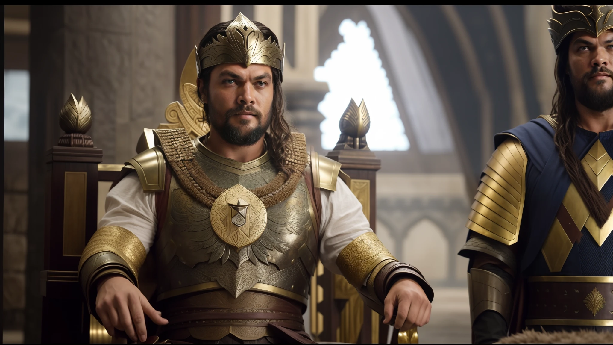 Homem com uma roupa dourada sentado em um trono ao lado de outro homem, jason momoa as assyrian, ainda de um filme de fantasia, still image from tv series, vestido como imperador, biblical epic movie, captura de tela de um filme, Filme ainda de 'Thor', de warcraft, karl urban as a dragonslayer, como um personagem de fantasia medieval