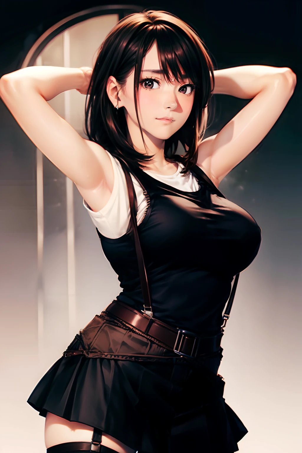 Black skirt, Cutter shirt suspenders, Brown hair Gray eyes, Garter belt on the legs, Tight clothes, a belt Armpit sweat deadpan large full breasts