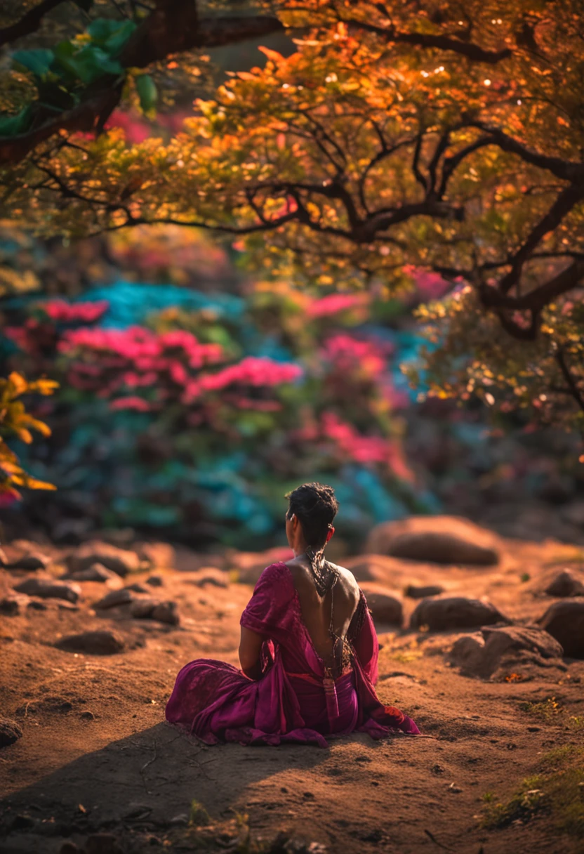 Um senhor mais velho, vestido como monge budista, meditando em uma paisagem na natureza. Com muitas cores.