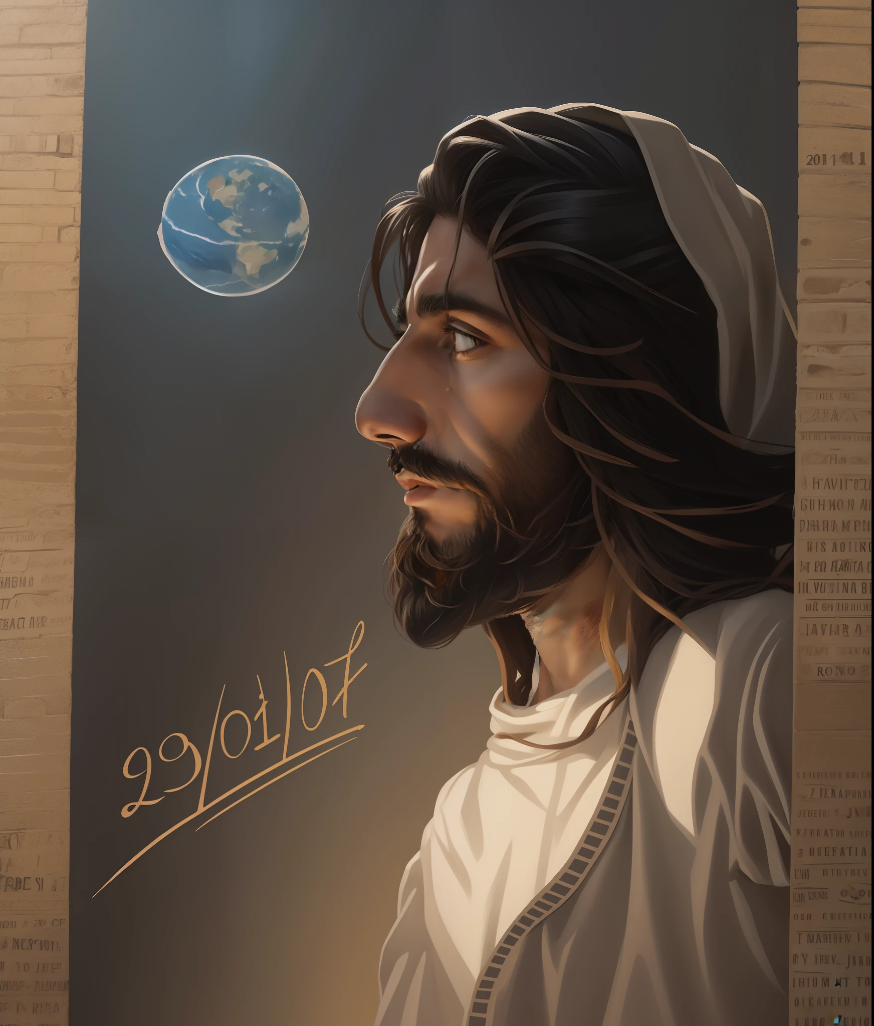 um desenho de um homem com barba e bigode olhando para o planeta Terra, Retrato de Jesus Cristo, rosto de jesus, fan art, Jesus Cristo, jesus of nazareth, inspirado em Julius Jakoby, official fan art, inspirado em Lojze Logar, inspired by Hristofor Žefarović, prophetic art, A face de Deus, Fanart