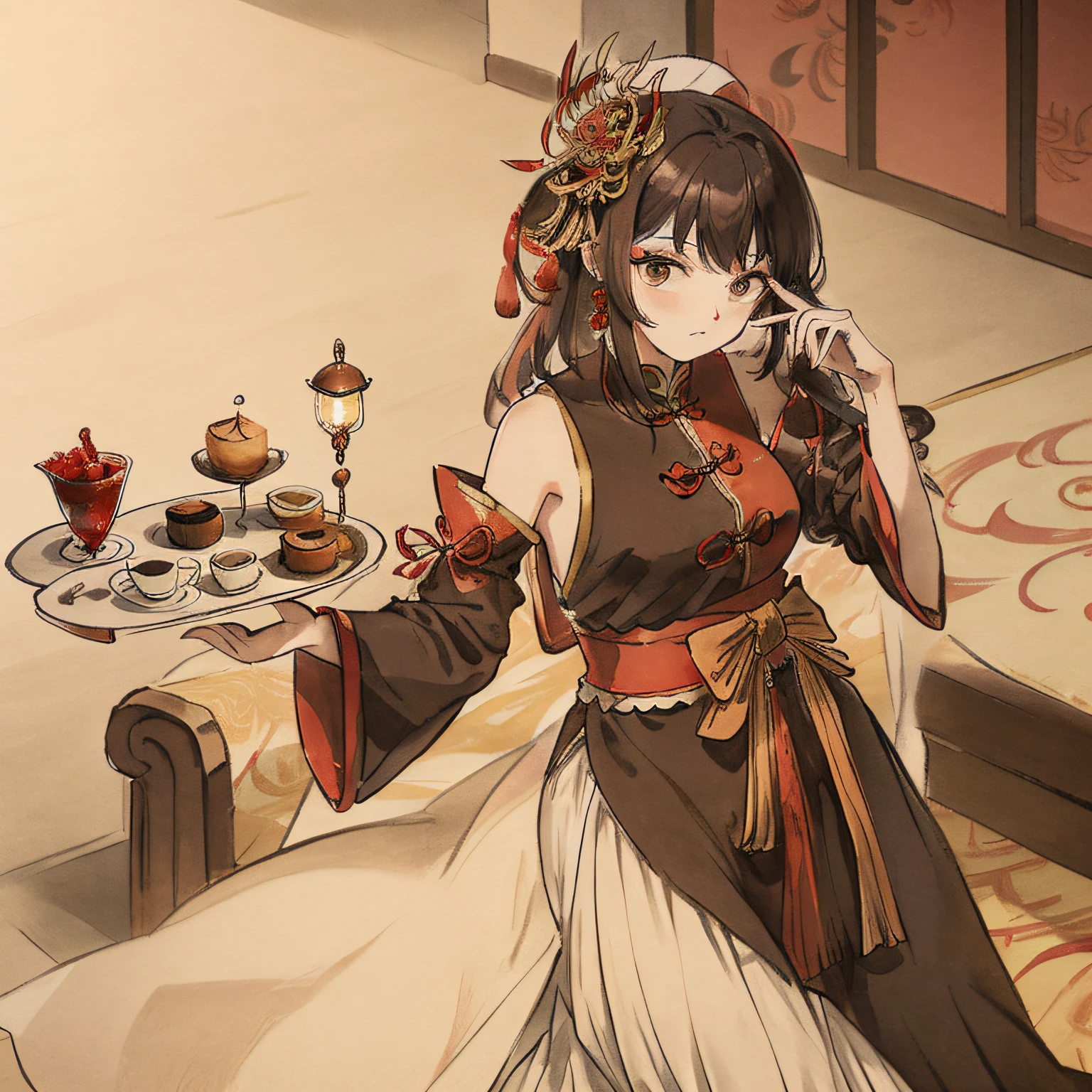 masterpiece, [(draft, (one girl:1.5))::0.5], [(at an afternoon tea party)], (medium shot:1.5), extremely detailed CG, [[beautiful detailed red eyes:0.5]::0.7],
[[white and silver hair: 0.5]::0.7],
[red hair:0.7], (luxurious hair ornament), floating hair, [[graceful full dress:0.5]::0.8], top_sleeves, [delicate hands:0.8]

It was found that the AI's imagination of afternoon tea was very concrete，So the tag can be said to be very few。