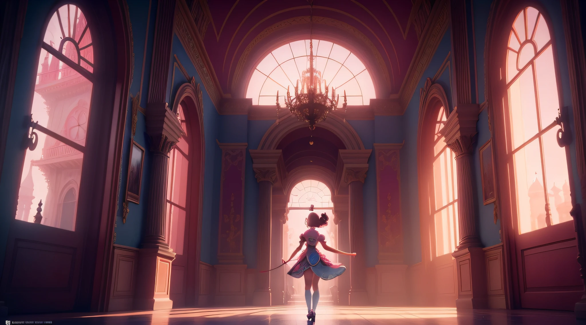 A bonsos e rosa, Arrive at a magical palace, a place full of light and music that got her excited in the style of Cyberpunk, Estilo Disney, alta qualidade, 4k