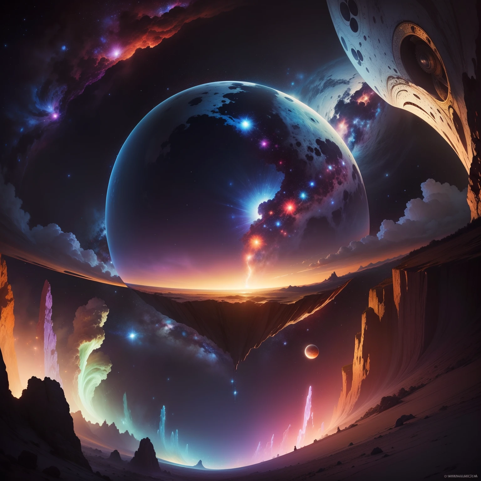 ((Estilo mestre)), scenecy, onde o universo termina, Impeccable quality, Obra-prima inspiradora, Mesmerizing cosmic dinner, universo misterioso transcendendo os limites conhecidos, explosion of vibrant colors, Ever-expanding cosmos, nebulosas e estrelas radiantes, depth and immensity of space, Heavenly Fascination.
