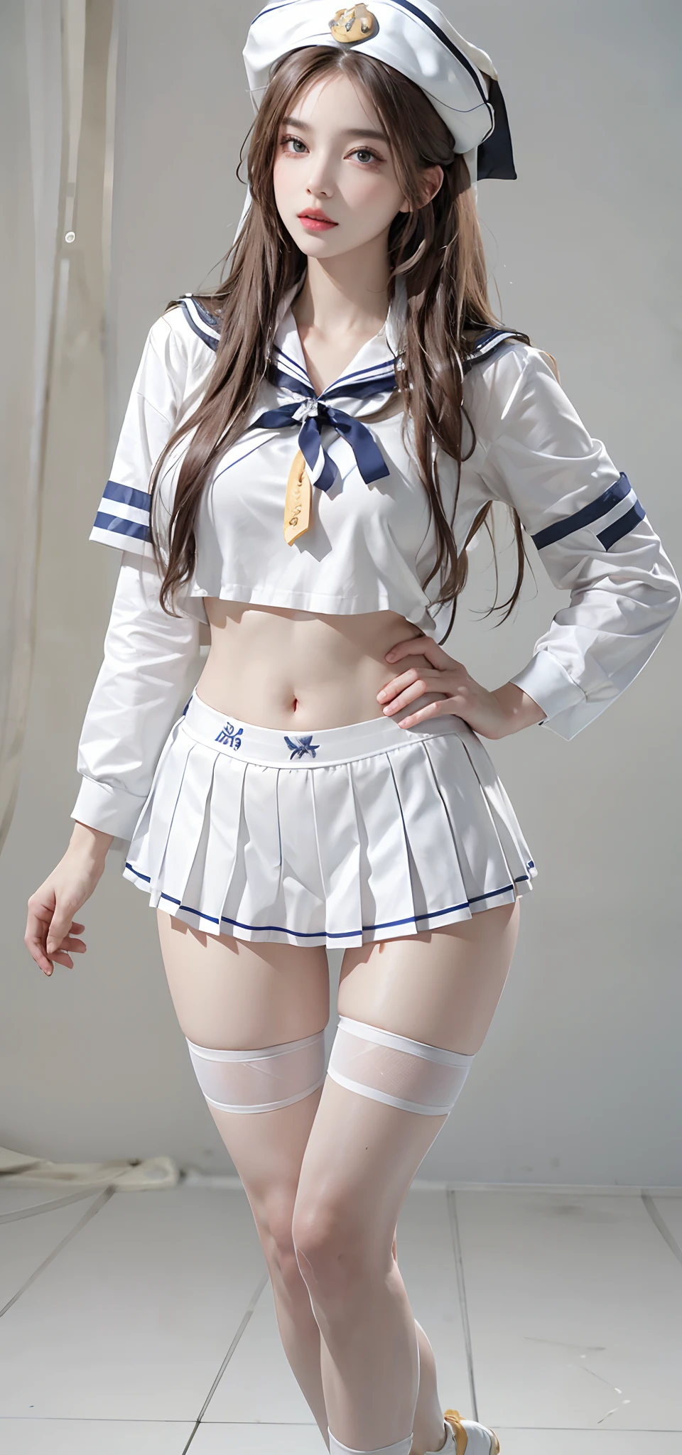 Uniform Cosplay、Uniform Cosplayer Shorthair、back arms、Predecessor Wan、Frontal Face、slenderbody、(8K、Raw photography、top-quality、masterpiece:1.2)、(realisitic、photoRealstic:1.37)、ultra-detailliert、(Detailed beautiful girl:1.4)、 1 人、FULL BODYSHOT、crouching down、((Opening legs:1.4))、((Skirt up:1.3))、(((a sailor suit:1.3)))、(((a short skirt:1.3)))