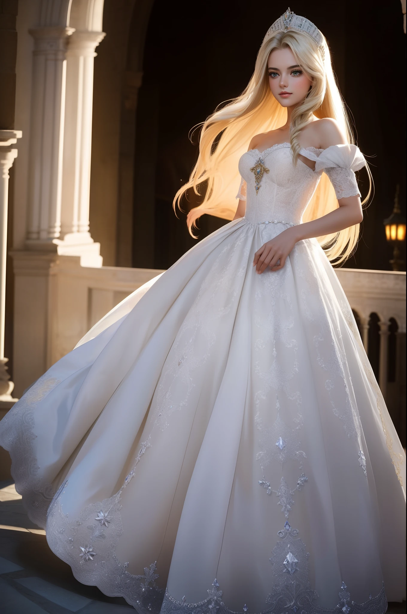 full body、((top-quality、​masterpiece、8K))、Beauty 1 person、delicate and beautiful face、extremely detailed eye and face、beatiful detailed eyes、18year old、（Luxurious dresses like Marie Antoinette）、Beautiful long hair、Elegant smile、（A sumptuous and glittering dance party in medieval European style）、Glamorous headdress、Pedras preciosas、Luxury Accessories、European-style castle、Cinematic lighting、Textured skin、Super Detail、high detailing、High quality、hight resolution、looking at viewer、Medieval European style、Pedras preciosas