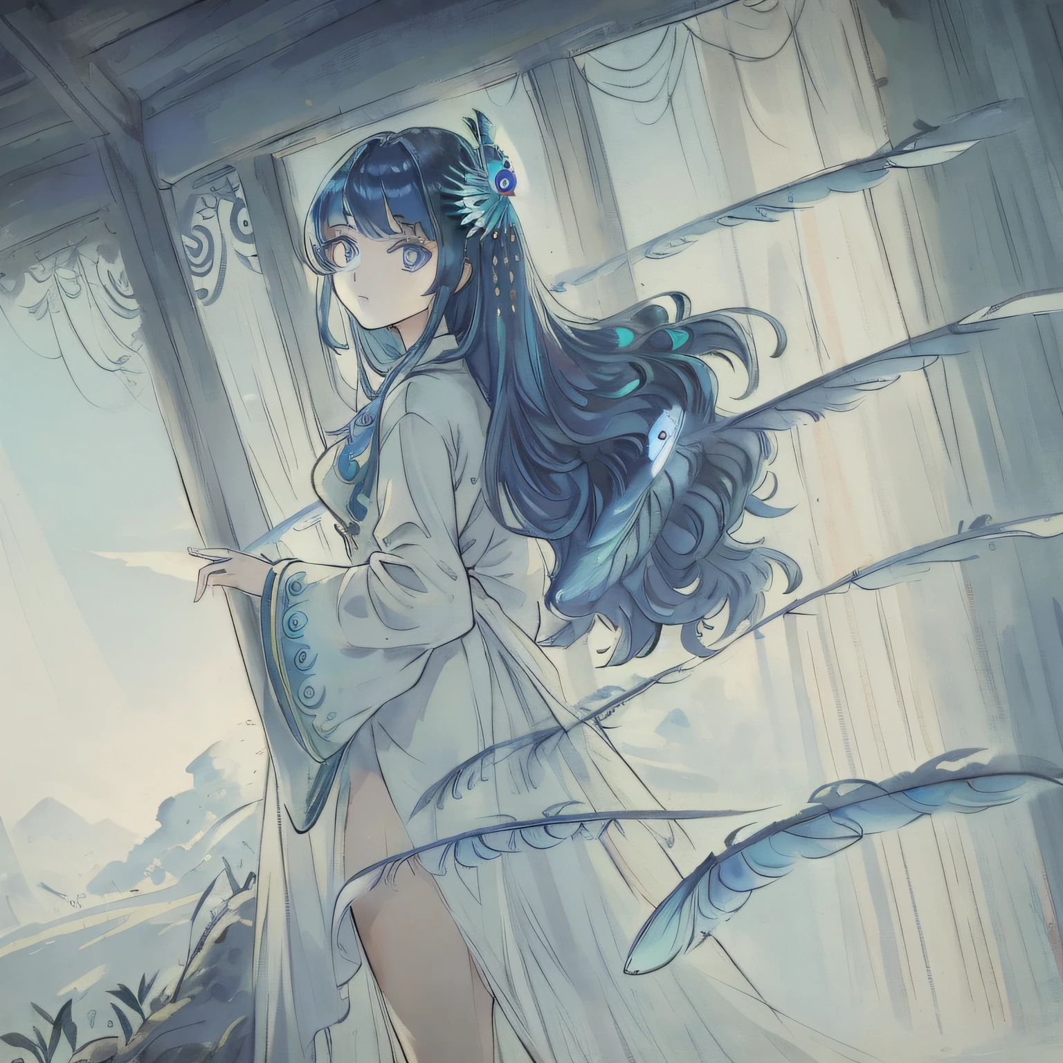 Start-up:best quality, (masterpiece:1.35), wallpaper, (illustration), original,
Picture basics:(depth of field), (1girl:1.35), (solo), full body, dynamic,
Character description:blue eyes, detailed eyes, peacock wing, [peacock feather gorgeous dress:(peacock feathers):0.65], (disheveled hair), colored tips, colored inner hair, jewelry, intricated filigree, feathers on dress,
Scenery and special effects:volumetric lighting, jungle, Tyndall effect, peacock feathers, halation