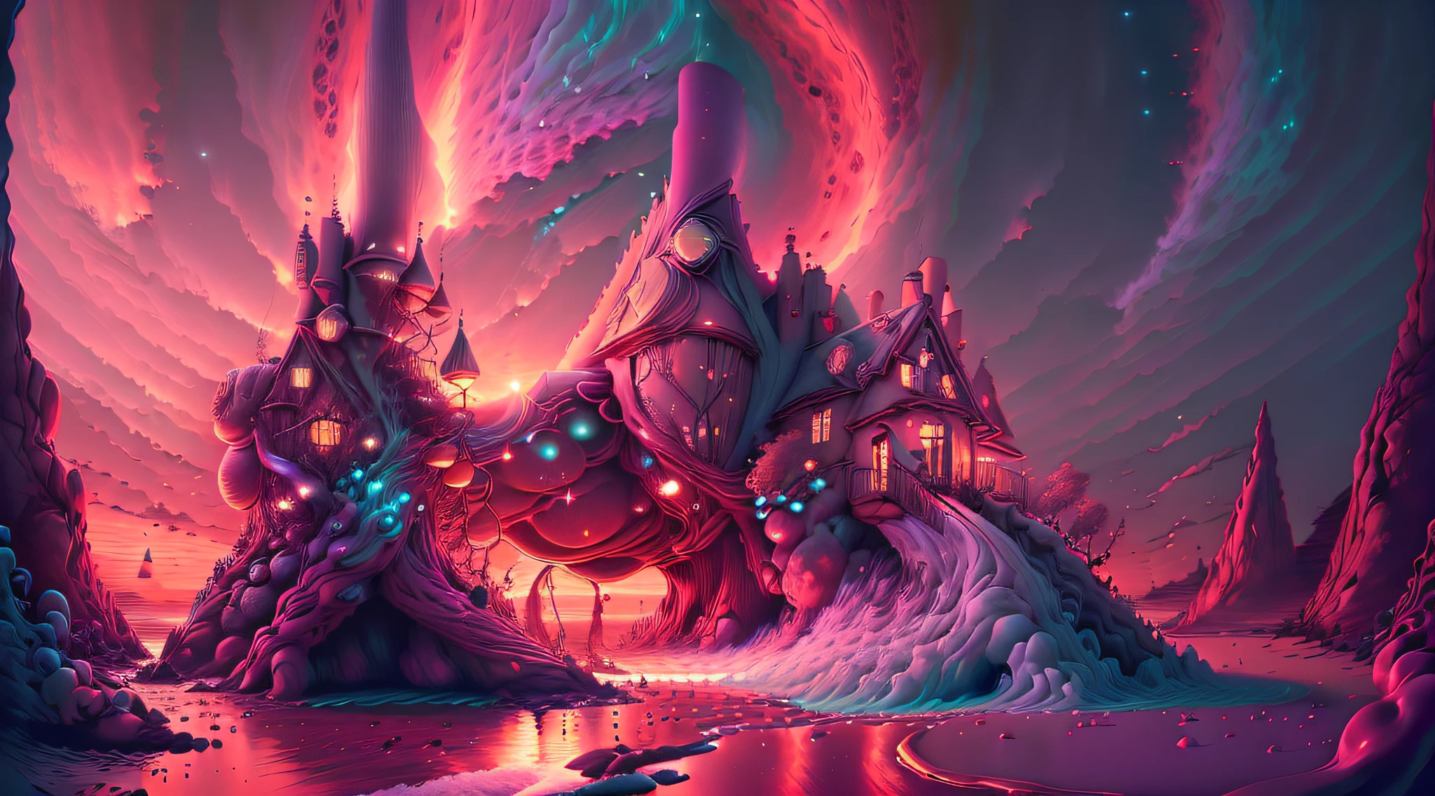 fantasy00d, Pastels artwork,  landscape of a Mythical [Geneva:Beach house:3]  and Belle poque Red Dwarf, at Sunset, Energetic, 50s Art, Cathode tube, (art by Abram Efimovich Arkhipov:0.8),