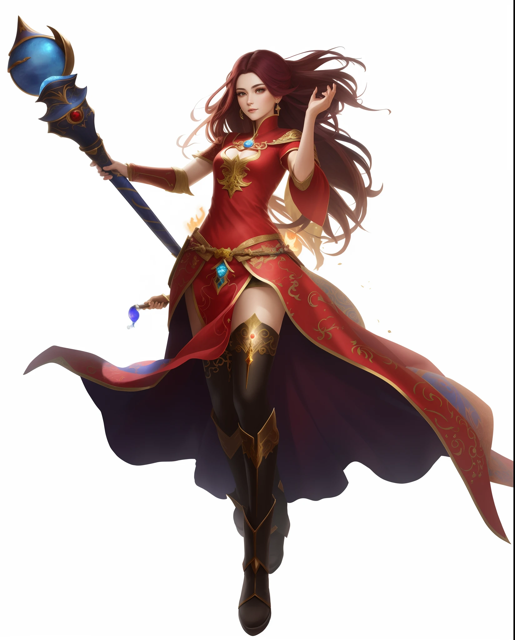 A woman in a red dress holds a wand and a blue ball, female mage, epic mage girl character, female mage!, beautiful sorceress female, full-body xianxia, Female wizard, firemage, full portrait of elementalist, Mago da Terra Feminino, sorceress woman, fantasy mage, beautiful female witch, mighty plump female sorceress