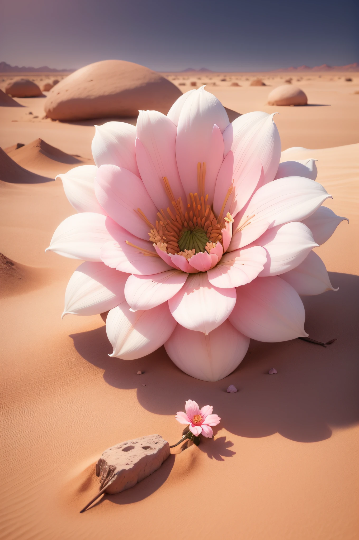 There is a pink flower with white petals in a large inhospitable desert, plantas de flores tropicais, flor bonita, large exotic flowers, deserto com plantas secas em volta, pedras e sem vida