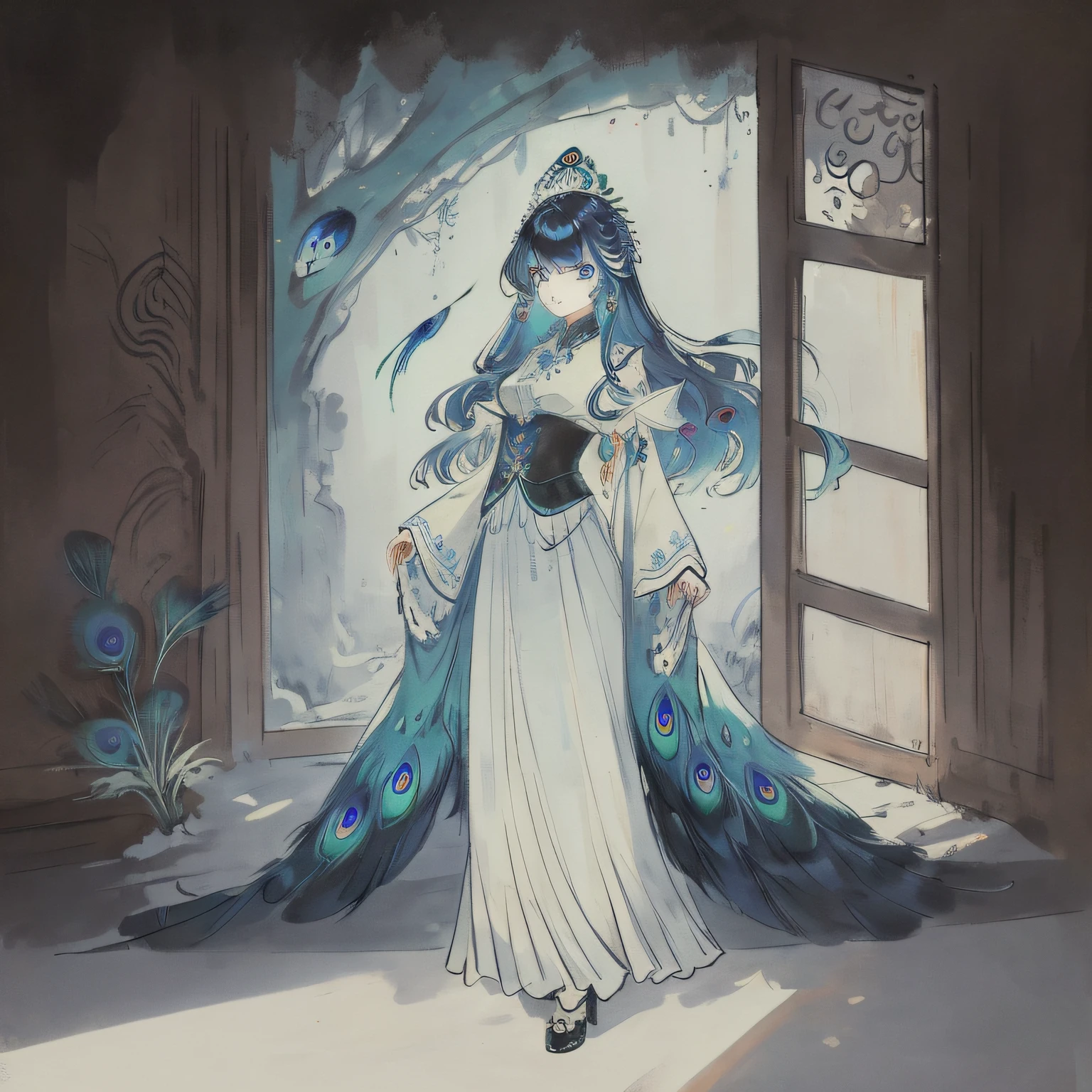 Start-up:best quality, (masterpiece:1.35), wallpaper, (illustration), original,
Picture basics:(depth of field), (1girl:1.35), (solo), full body, dynamic,
Character description:blue eyes, detailed eyes, peacock wing, [peacock feather gorgeous dress:(peacock feathers):0.65], (disheveled hair), colored tips, colored inner hair, jewelry, intricated filigree, feathers on dress,
Scenery and special effects:volumetric lighting, jungle, Tyndall effect, peacock feathers, halation