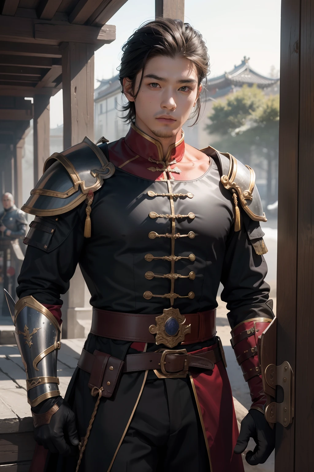 4K, Best quality, high resolucion:1.1), (Masterpiece:1.1), Un, (Homme chinois:1.2), Between two ages, guerrier, detailled eyes, poils du visage, musculaire, fort, courageux, courageux, puissant, honorable, disciplined, confiant, Regarder le spectateur, visage, Bracer, casque, armure, Arme de maintien, riding, cheval, noir, rouge,