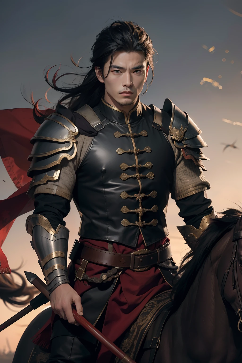 4K, Best quality, high resolucion:1.1), (Masterpiece:1.1), Un, (Homme chinois:1.2), Between two ages, guerrier, detailled eyes, poils du visage, musculaire, fort, courageux, courageux, puissant, honorable, disciplined, confiant, Regarder le spectateur, visage, Bracer, casque, armure, Arme de maintien, riding, cheval, noir, rouge,
