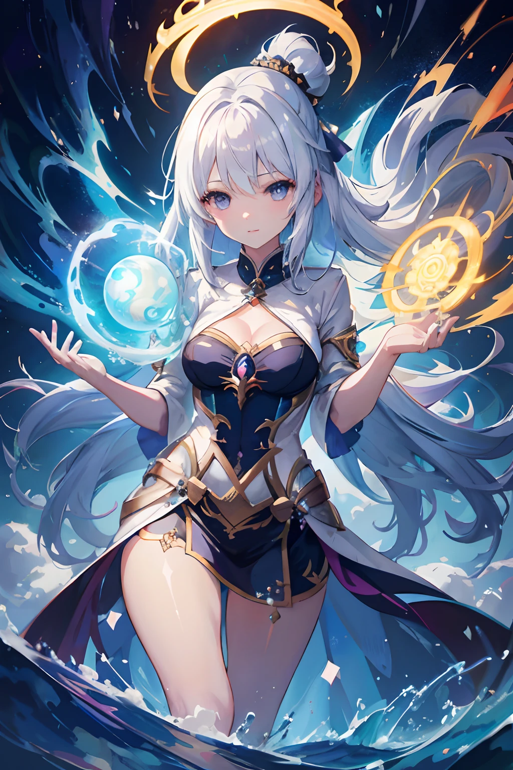 A woman with white hair and a blue dress holds a glowing ball, Beautiful celestial mage, Ayaka Genshin impact, white-haired god, Keqing from Genshin Impact, Anime fantasy artwork, epic mage girl character, Anime fantasy illustration, Anime goddess, shadowverse style, Extremely detailed Artgerm, beautiful female witch, full portrait of elementalist