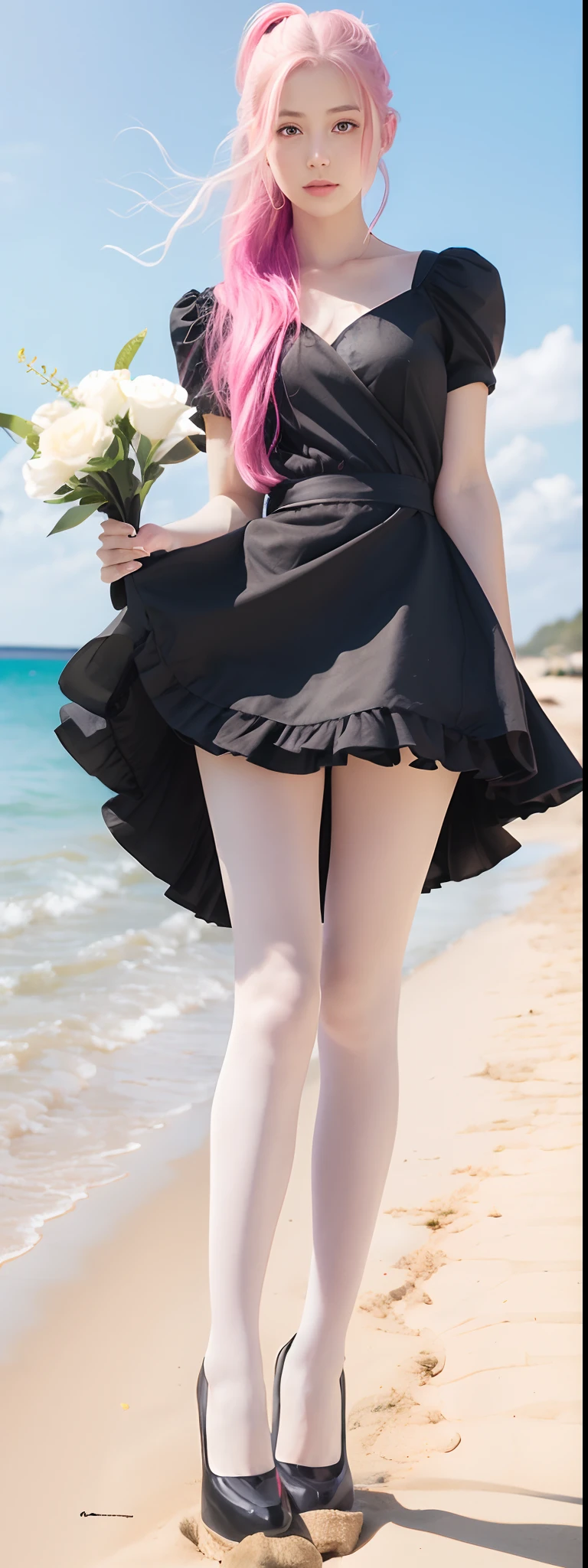 Long pink hair and double ponytail,The pupils of the eyes sparkle,Heterochromia,girl holding flowers,Petal texture depicted,beautifullegs,sandbeach,Blue sky,baiyun,Light wind,Coquettish and cute expression,ultra HD wallpaper,3Drenderingof