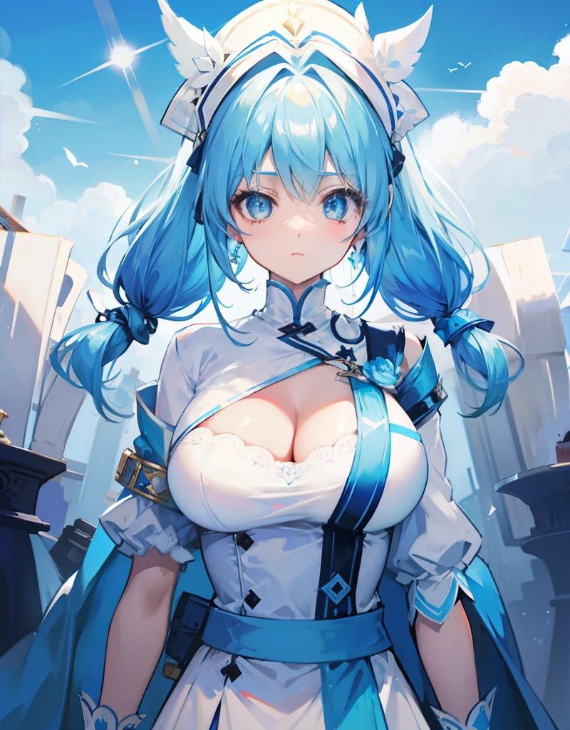 blue hairs,Blue and white clothes,Oversized breasts,A sweet girl who is heroic