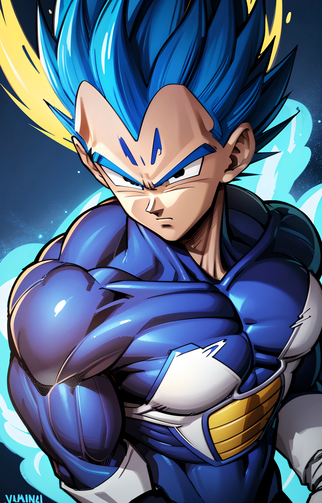 Dragon Ball Z, vegeta, super saiyang Blue, man, alone, Japanese anime, Martial arts outfit, muscles, confident, Super Saiyan Blue, blue and black background, shaded background, blue aura, blue hair,