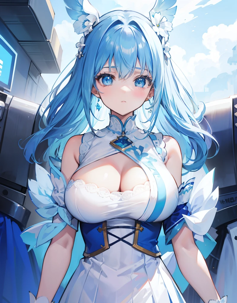 blue hairs，Blue and white clothes，Oversized breasts，A sweet girl who is heroic