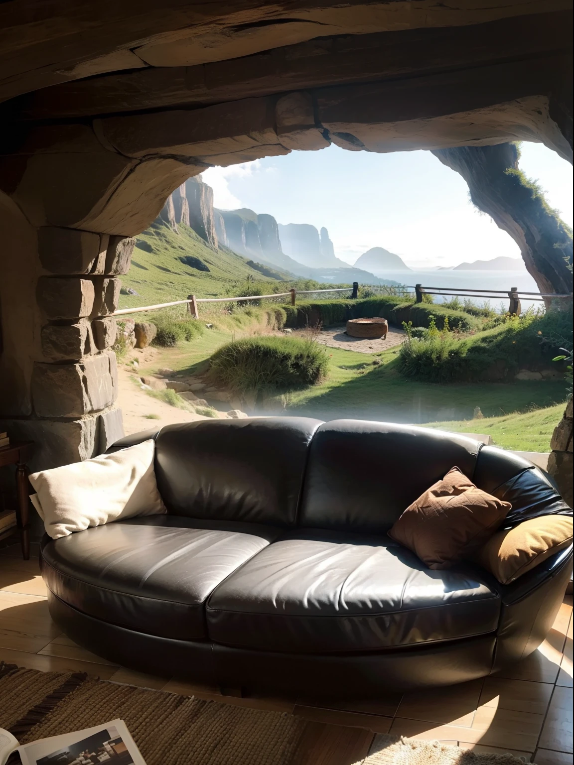 Large living room sofa in curved cave with beautiful view in distance view
