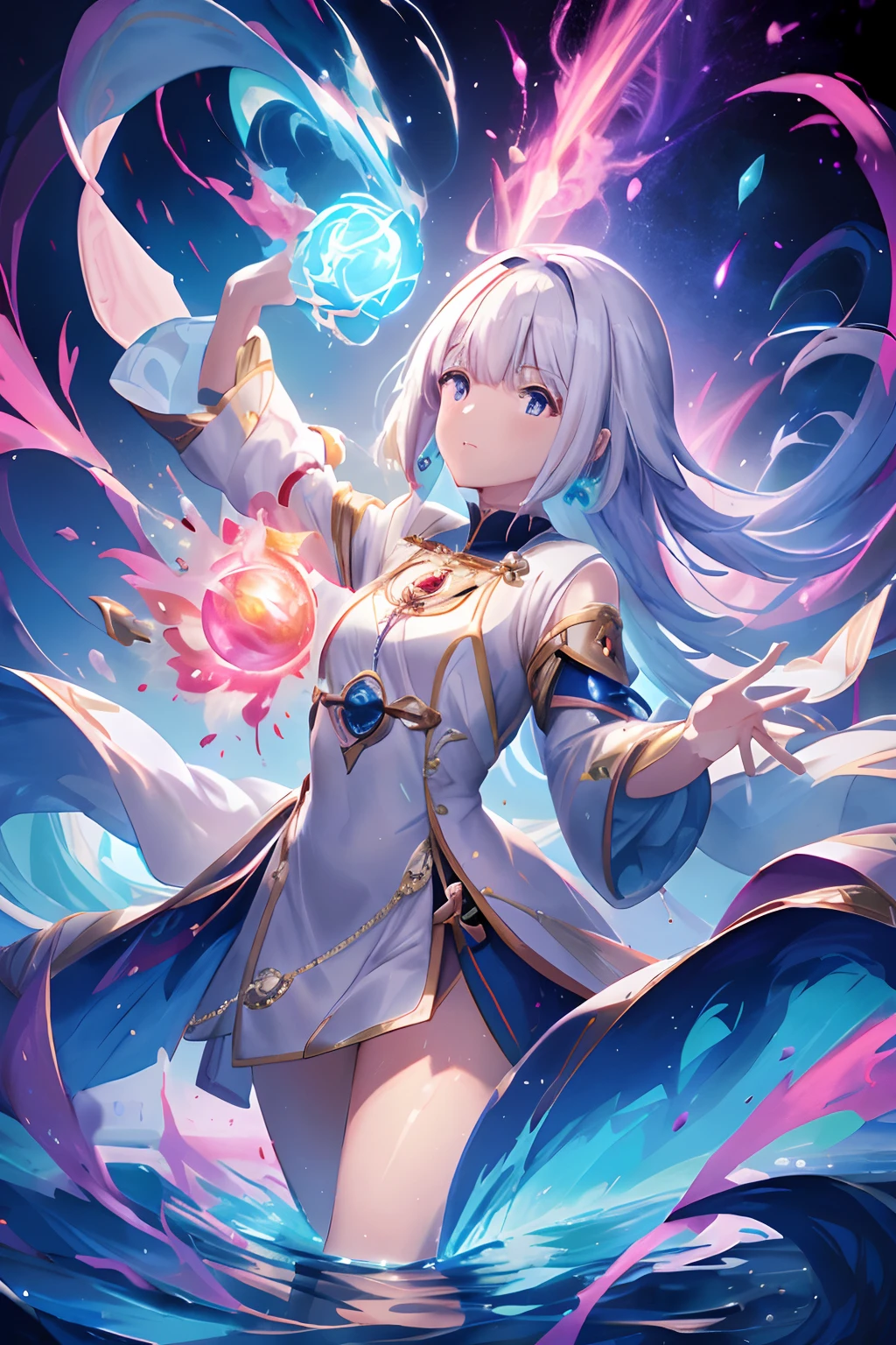 A woman in a white dress holds a glowing ball, Beautiful celestial mage, Ayaka Genshin impact, Anime fantasy illustration, Anime fantasy artwork, Keqing from Genshin Impact, Splash art anime ****, epic mage girl character, Anime art wallpaper 4k, Anime art wallpaper 4 K, Kushatt Krenz Key Art Women, Anime art wallpaper 8 K