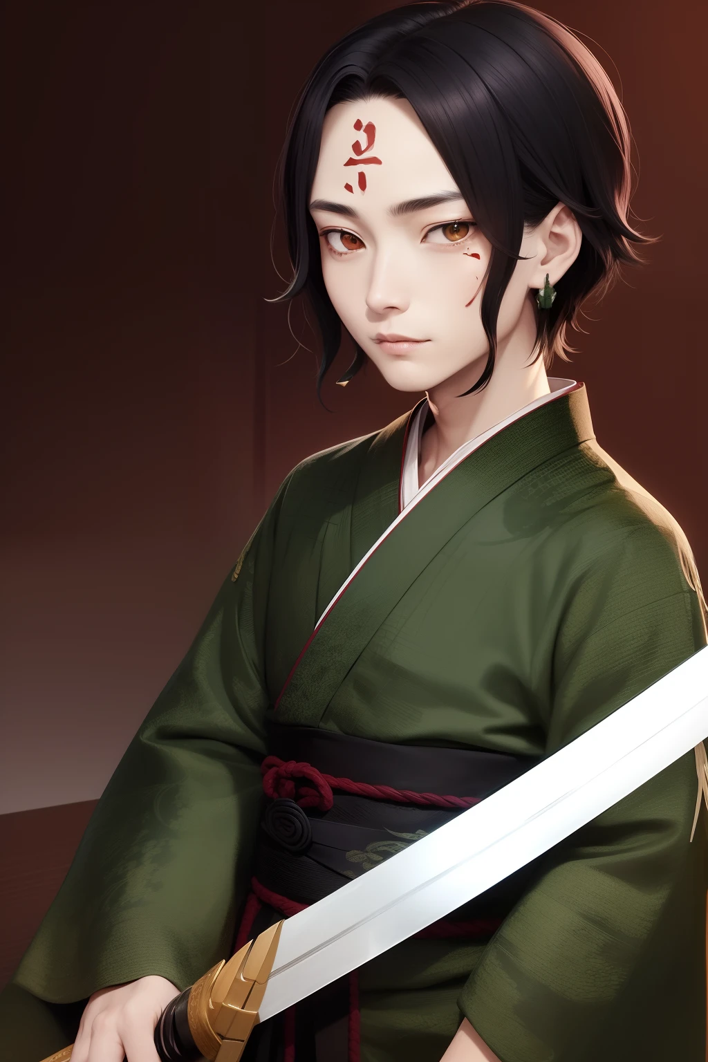 tanjiro, demon slayer, black hair, wavy hair, short hair, guy, sword, green patterned kimono, handsome, scar on forehead, hanafuda earrings
